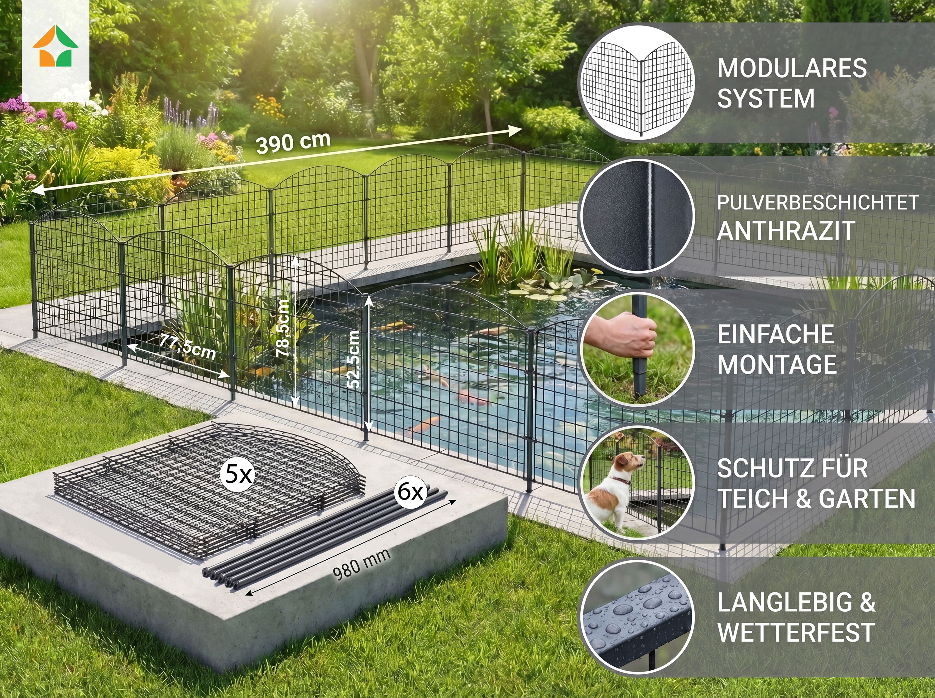 11tlg. Teichzaun Oberbogen, ca. 390 x 78,5 cm - Anthrazit - Bild 1