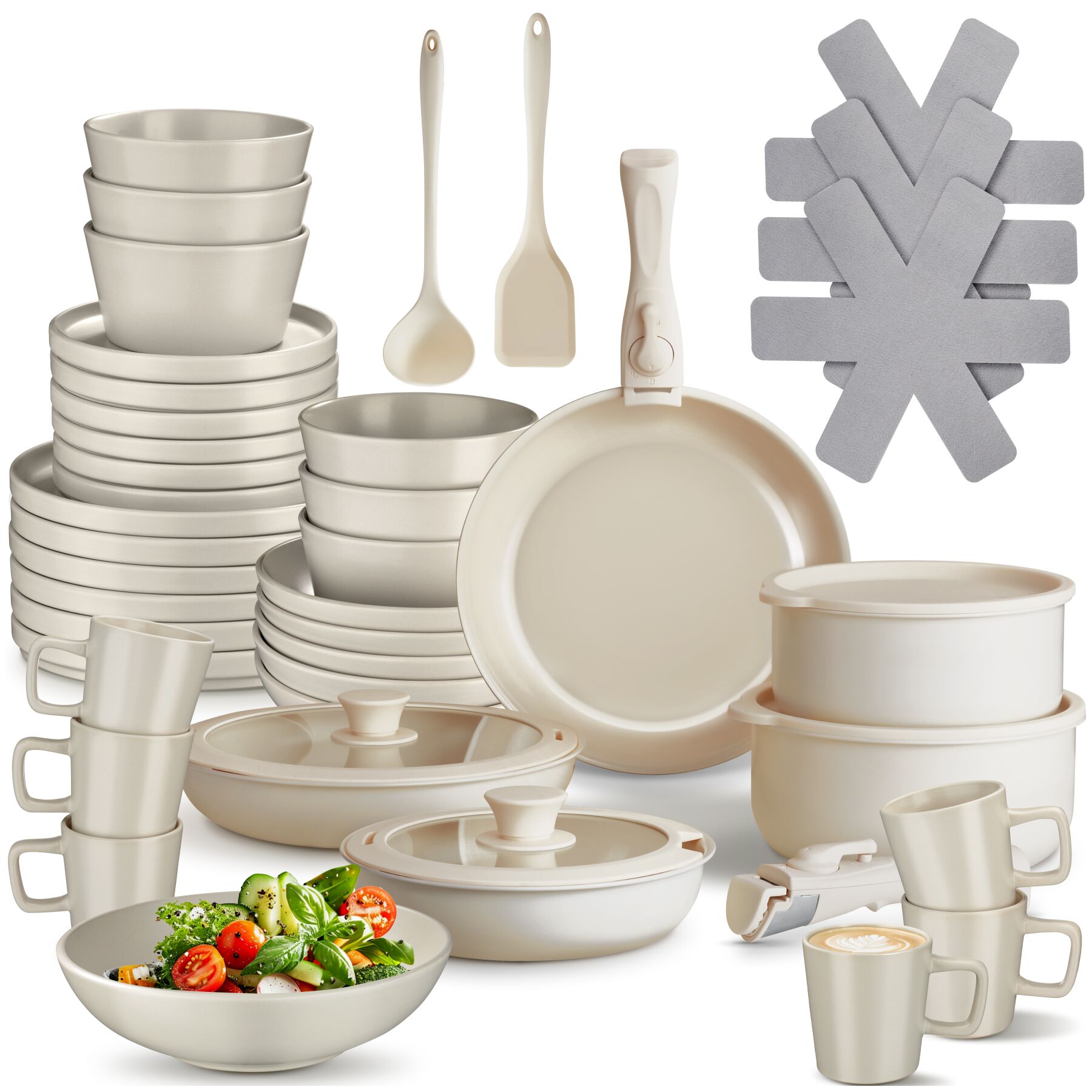 tectake&reg; K&uuml;chenstarterset, Geschirrset aus Steingut, mit Glasur, hitzebest&auml;ndig und kratzfest, inklusive K&uuml;chenwerkzeugen, Topfschonern und anklemmbaren Griffen - Bild 1