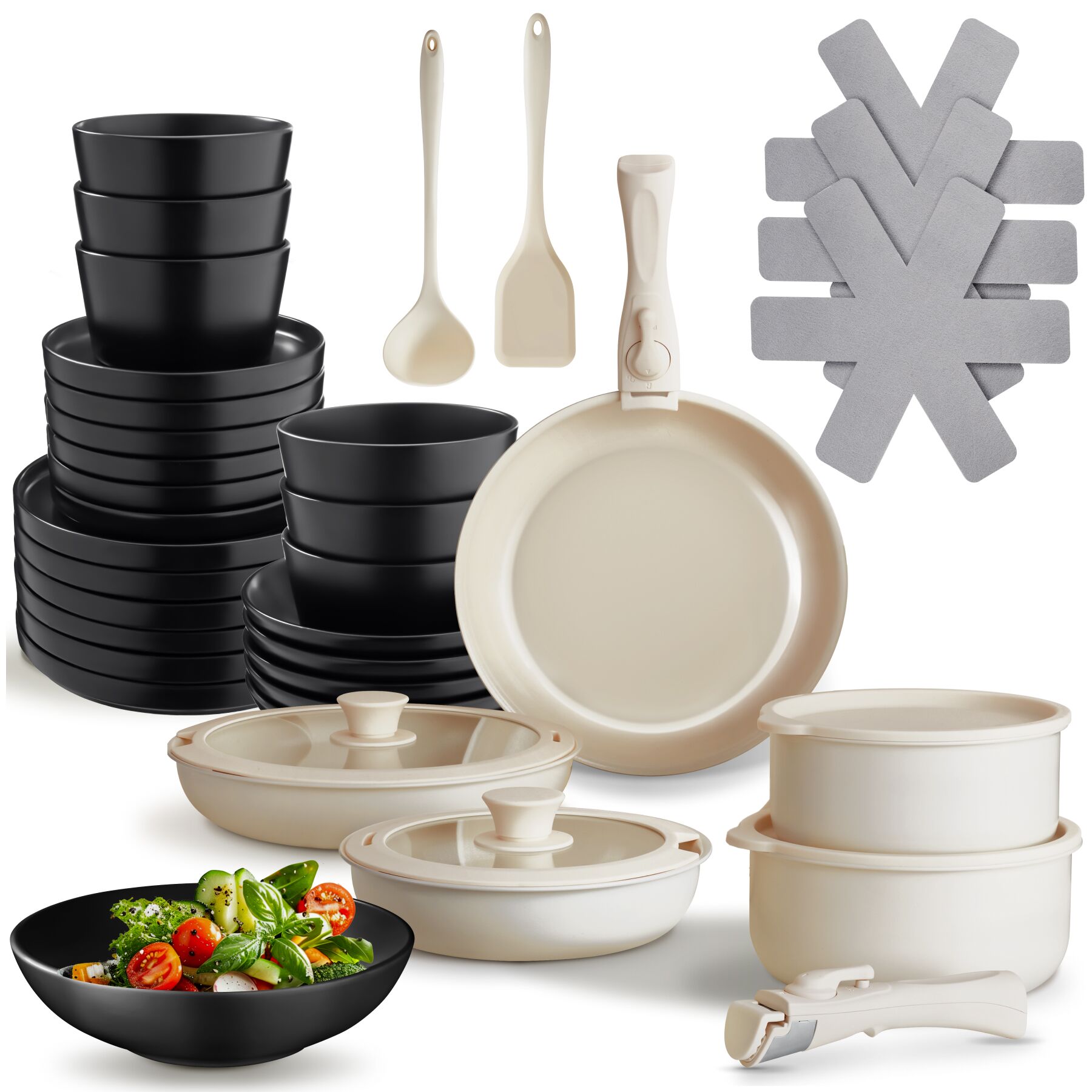 tectake&reg; K&uuml;chenstarterset, Geschirrset aus Steingut, mit Glasur, hitzebest&auml;ndig und kratzfest, inklusive K&uuml;chenwerkzeugen, Topfschonern und anklemmbaren Griffen - Bild 1