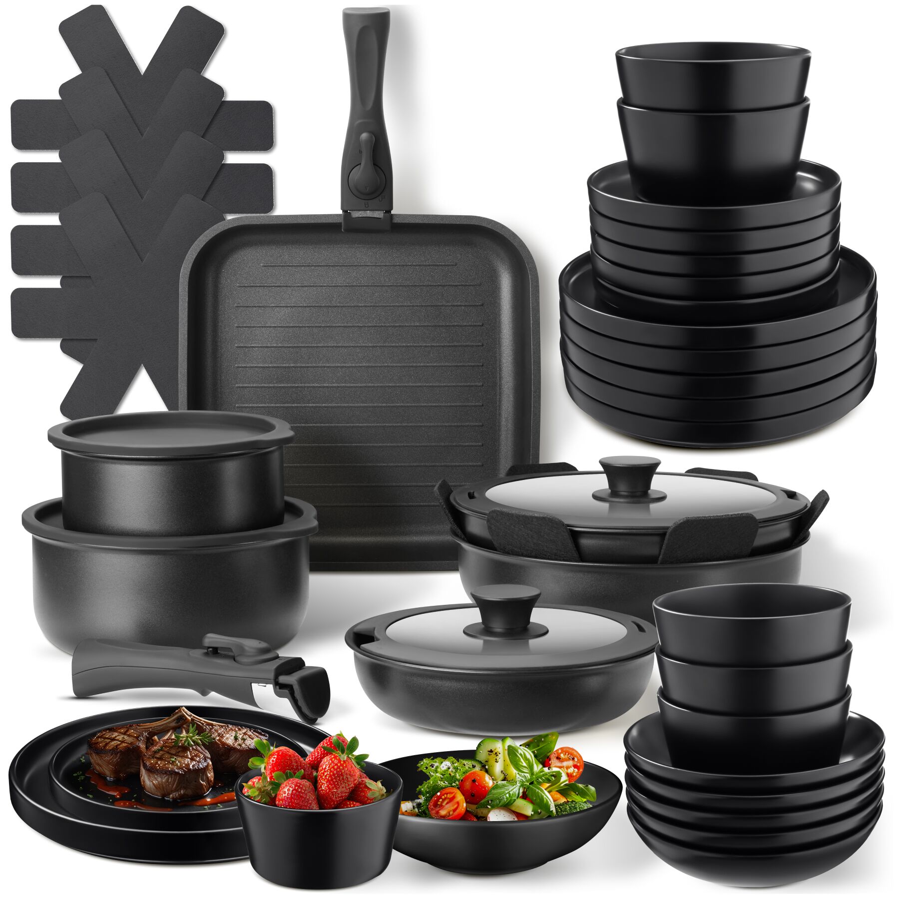 tectake&reg; K&uuml;chenstarterset, Geschirrset aus Steingut, mit Glasur, hitzebest&auml;ndig und kratzfest, inklusive Topfschonern und anklemmbaren Griffen - Bild 1