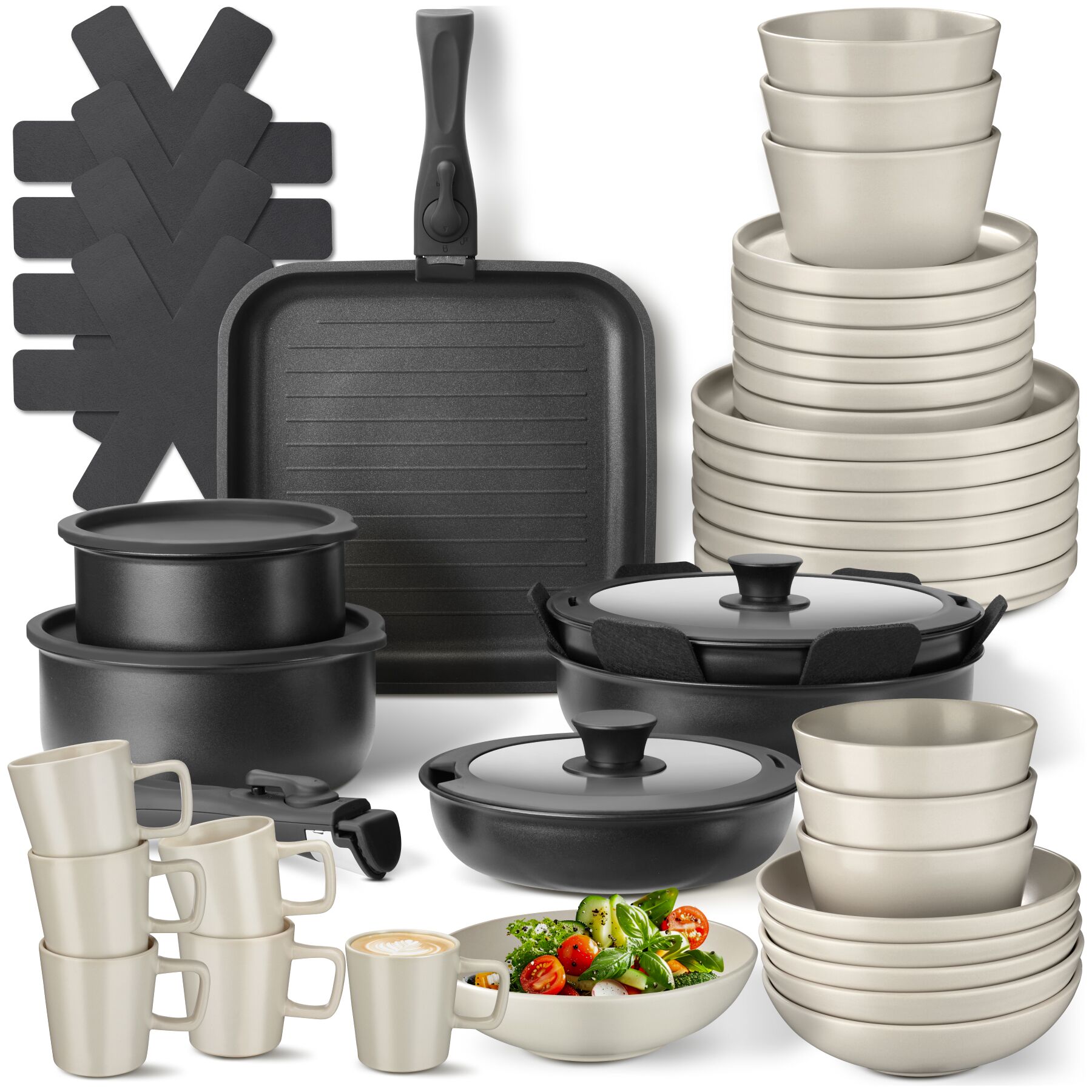 tectake&reg; K&uuml;chenstarterset, Geschirrset aus Steingut, mit Glasur, hitzebest&auml;ndig und kratzfest, inklusive Topfschonern und anklemmbaren Griffen - Bild 1