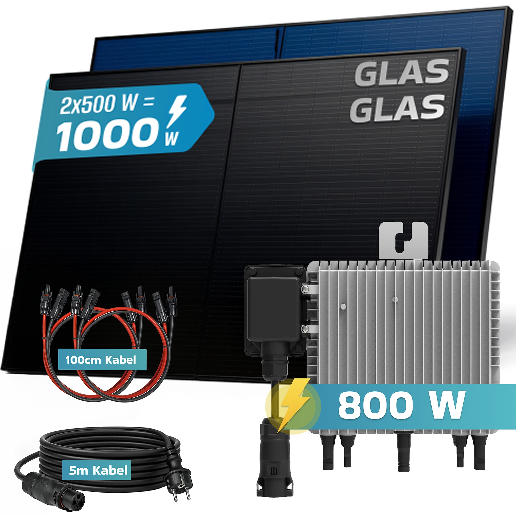 SUNNIVA&reg; 1000W Balkonkraftwerk BIFAZIAL FULLBLACK komplett Steckdose DEYE 800W Wechselrichter, PV Solaranlage, 2x 500W Glas-Glas Solarmodule, inkl. 5m Kabel, Bluetooth WIFI, Komplettset - Bild 1