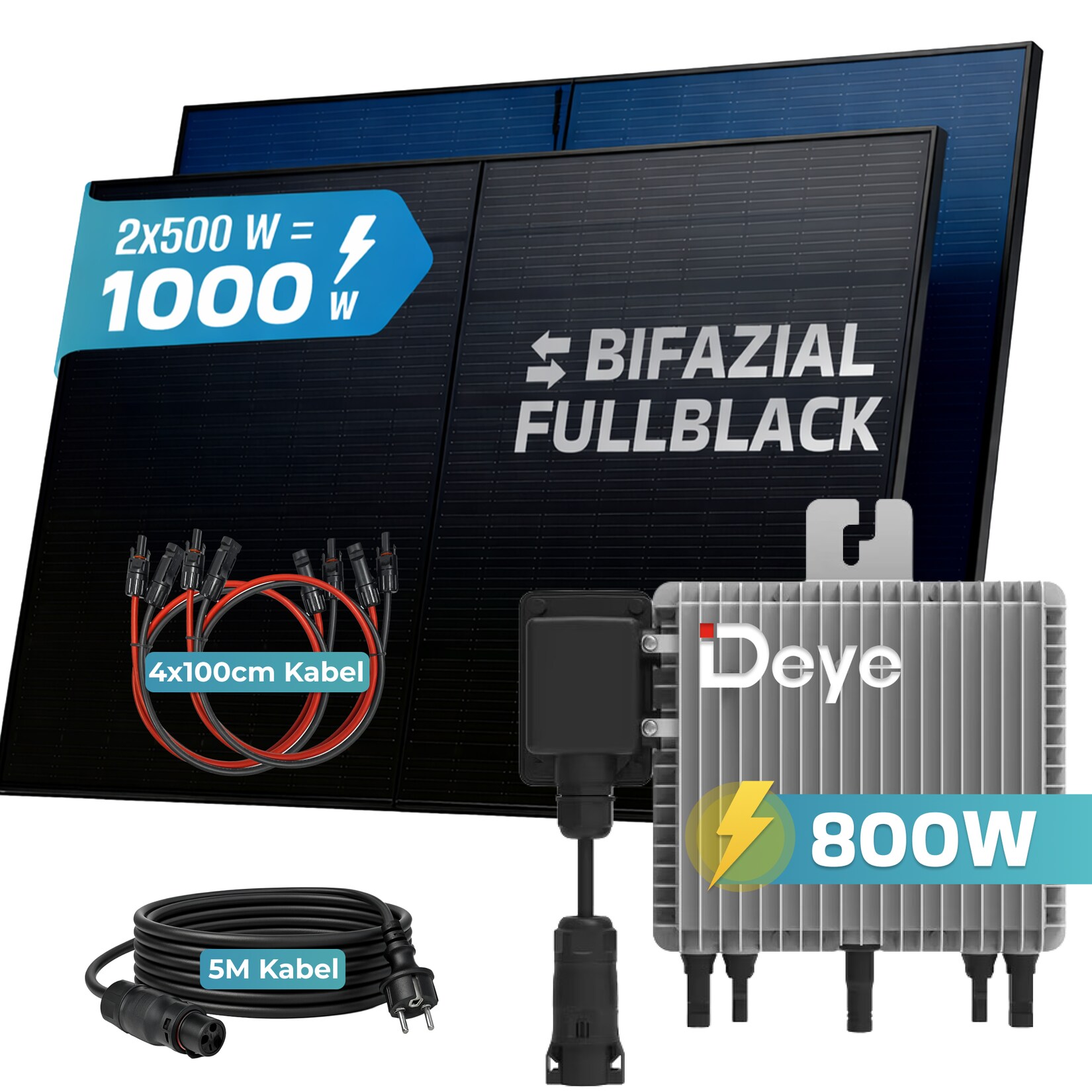 SUNNIVA® 1000W Balkonkraftwerk mit 800W Wechselrichter DEYE, BIFAZIAL FULLBLACK komplett Steckdose, PV Solaranlage Komplettset mit 5 m Anschlusskabel und 4x 1m Solarkabel, 2x 500W N-Type Glas