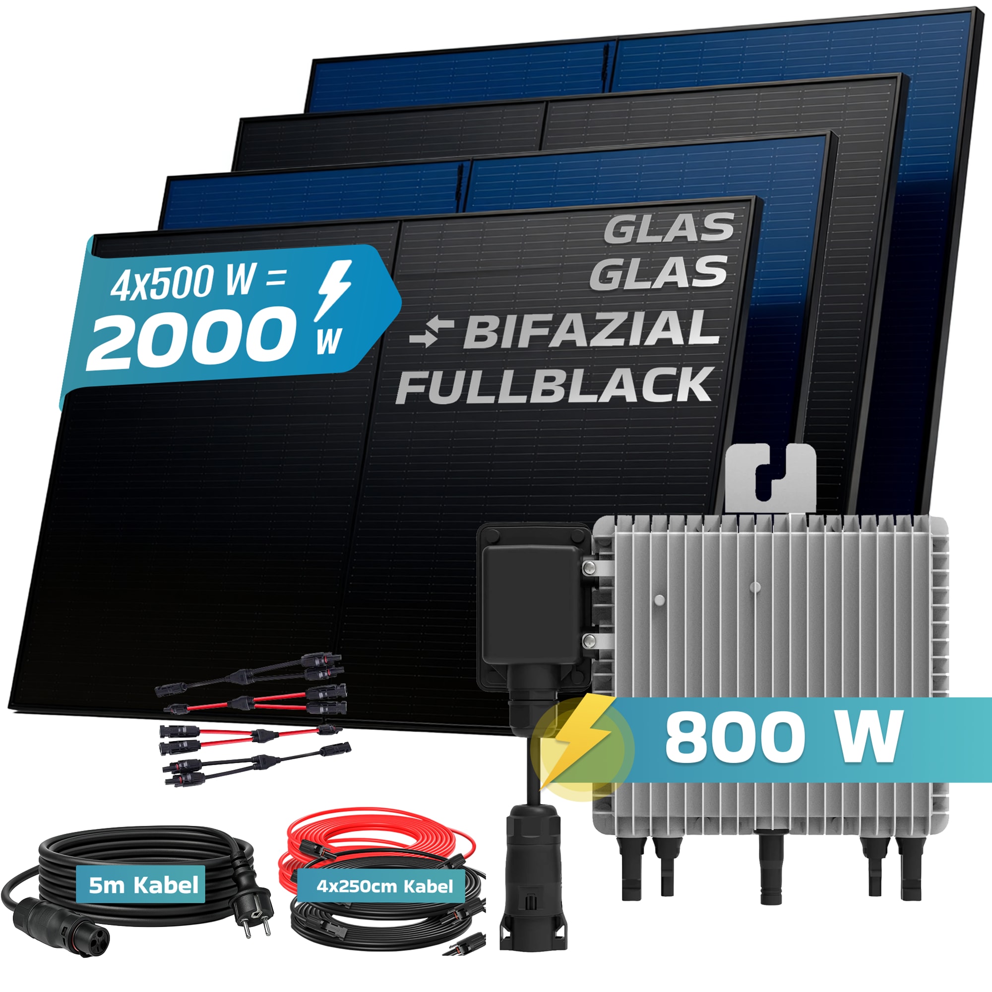 SUNNIVA&reg; 2000W Balkonkraftwerk BIFAZIAL FULLBLACK komplett Steckdose DEYE 800W Wechselrichter, PV Solaranlage, 4x 500W Glas-Glas Solarmodule, inkl. 5m Kabel, Bluetooth WIFI, Komplettset - Bild 1