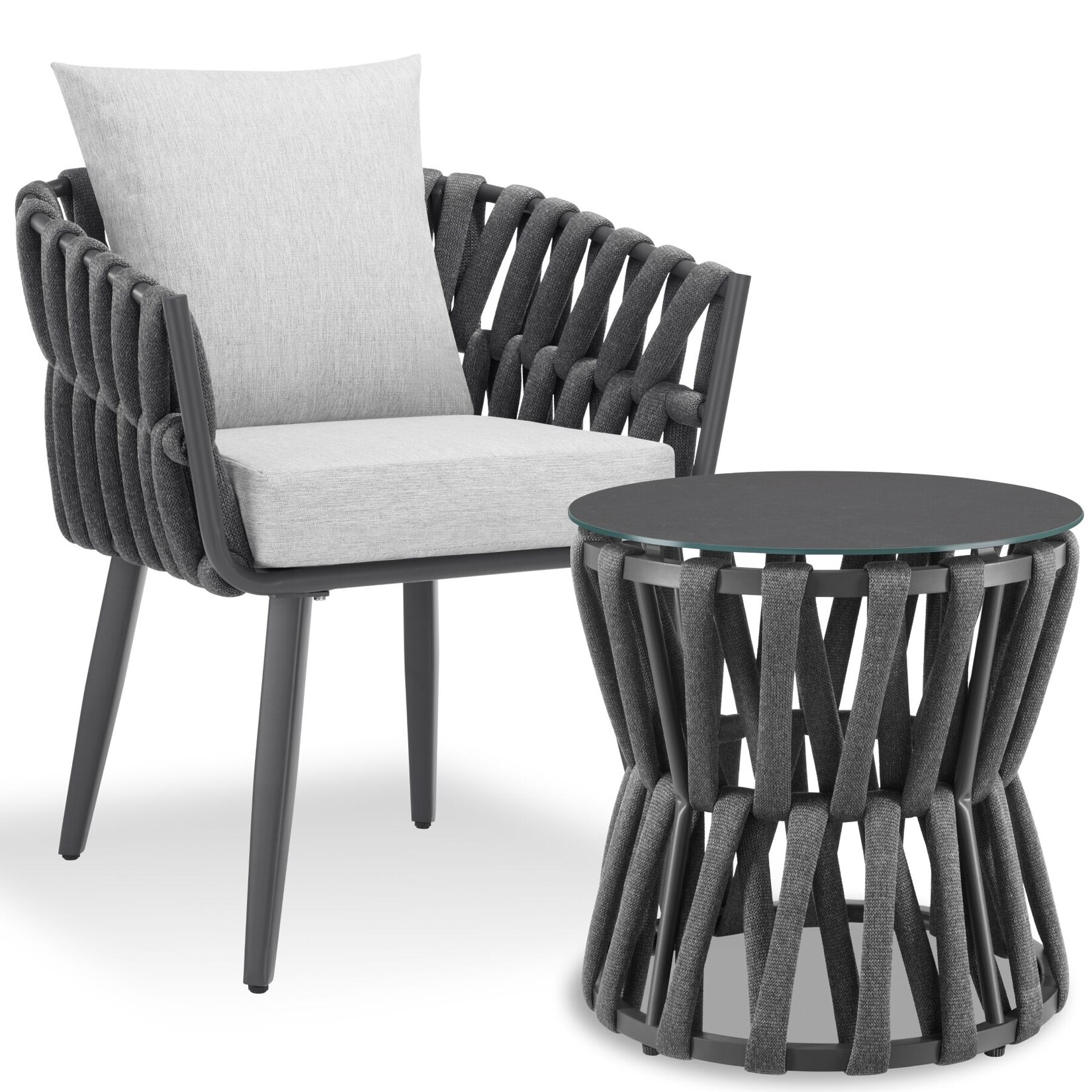 tectake® Aluminium Gartenlounge-Set, im Rope-Design, dicke Polsterung, höhenverstellbare Kunststofffüße, Sicherheitsglasplatte