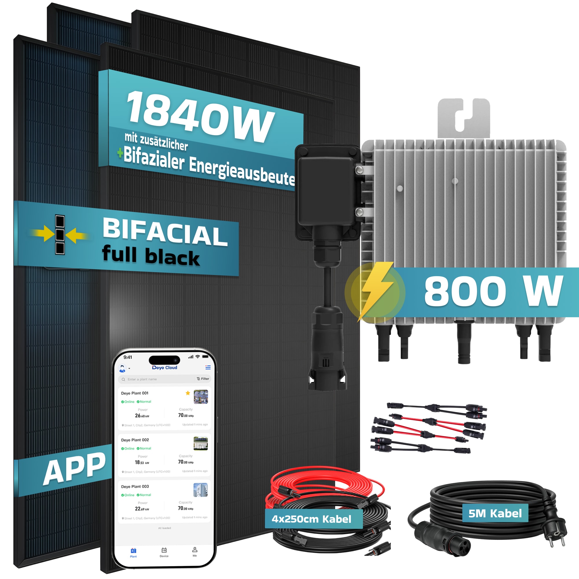 SUNNIVA&reg; 1840W Balkonkraftwerk BIFAZIAL FULLBLACK komplett Steckdose DEYE 800W Wechselrichter, PV Solaranlage, 4x 460W Glas-Glas Solarmodule, inkl. 5m Kabel, Bluetooth WIFI, Komplettset - Bild 1