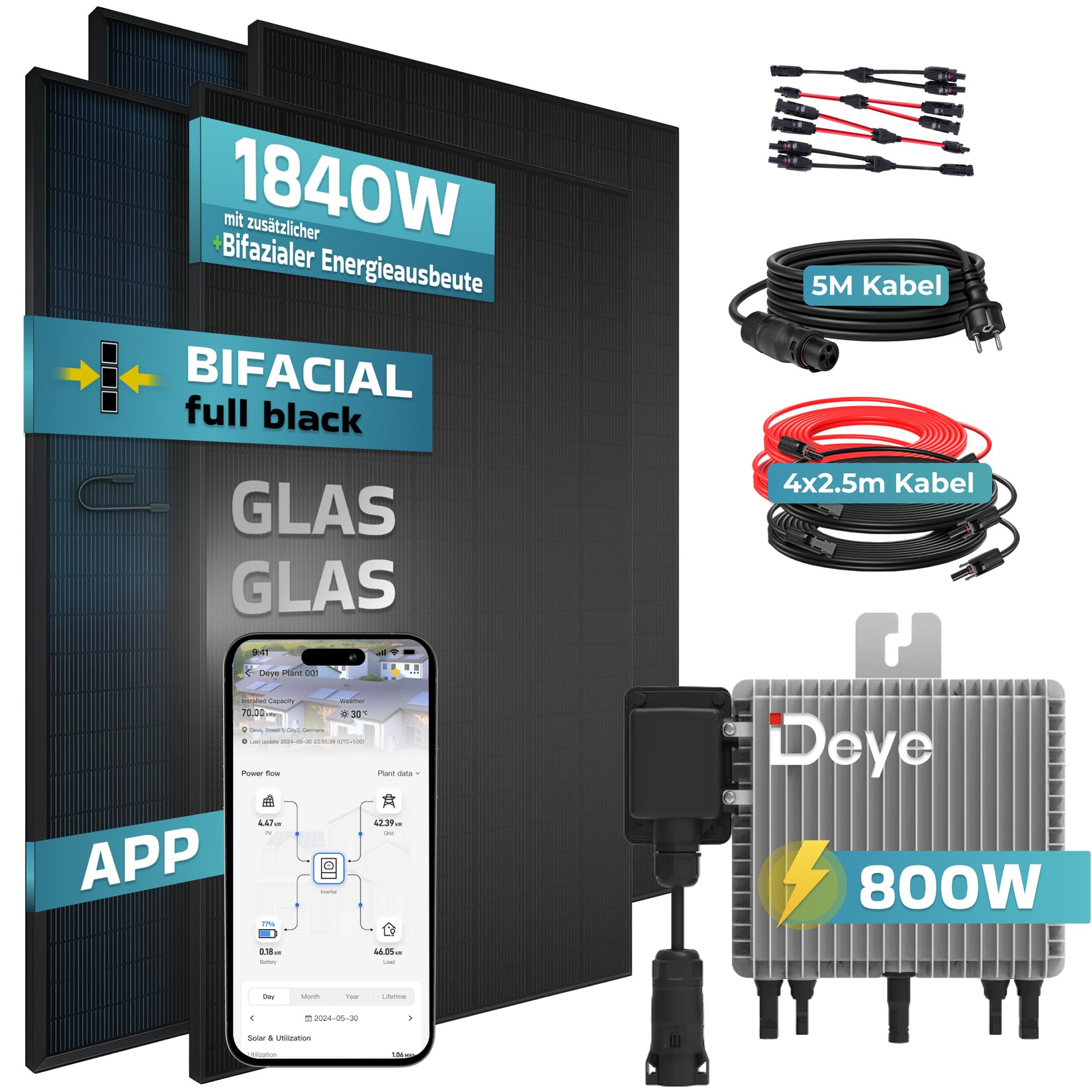 SUNNIVA® 1840W Balkonkraftwerk mit 800W Wechselrichter DEYE, BIFAZIAL FULLBLACK komplett Steckdose, PV Solaranlage Komplettset mit 5m Anschlusskabel und 4x2.5m Solarkabel, 4x 460W N-Type Glas-Glas