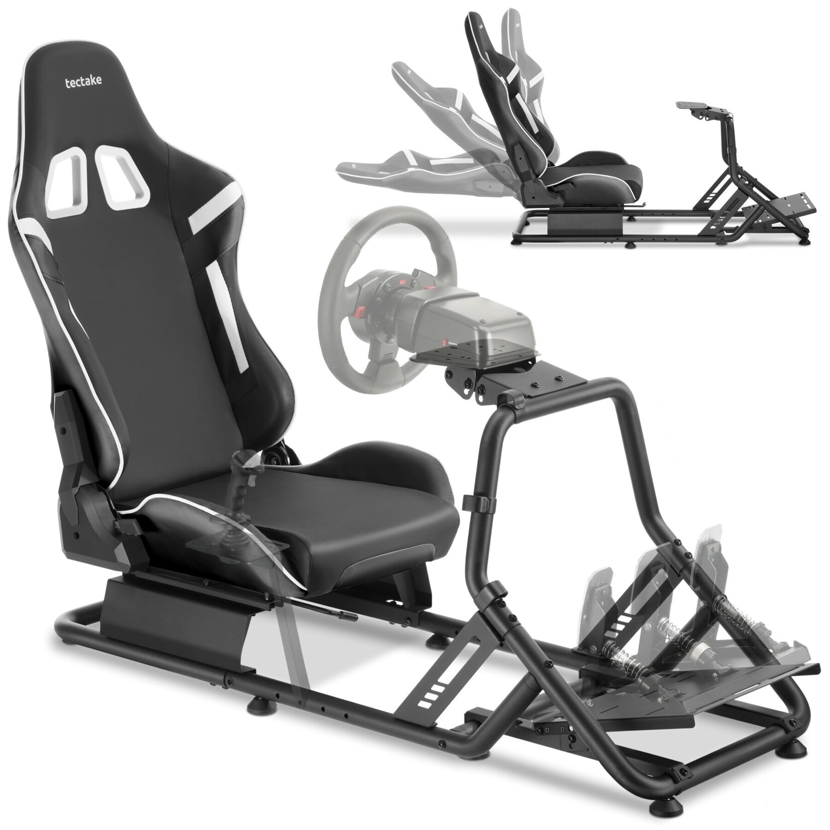 tectake® Gamingstuhl, verstellbarer Rennsitz im GT-Style, dicke Polsterung, pflegeleichter Kunstlederbezug, variabel montierbare Pedal- und Lenkradplatte