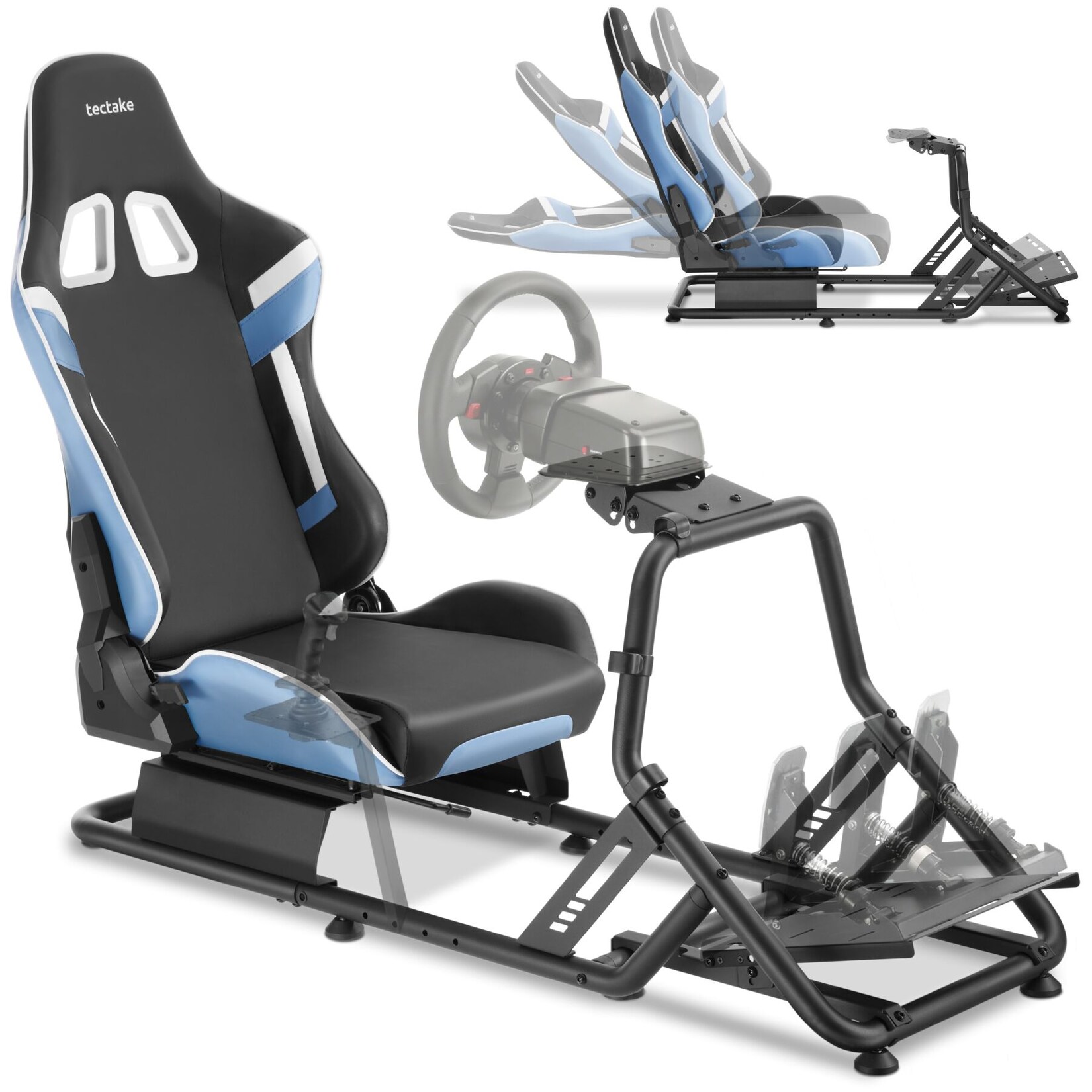 tectake® Gamingstuhl, verstellbarer Rennsitz im GT-Style, dicke Polsterung, pflegeleichter Kunstlederbezug, variabel montierbare Pedal- und Lenkradplatte
