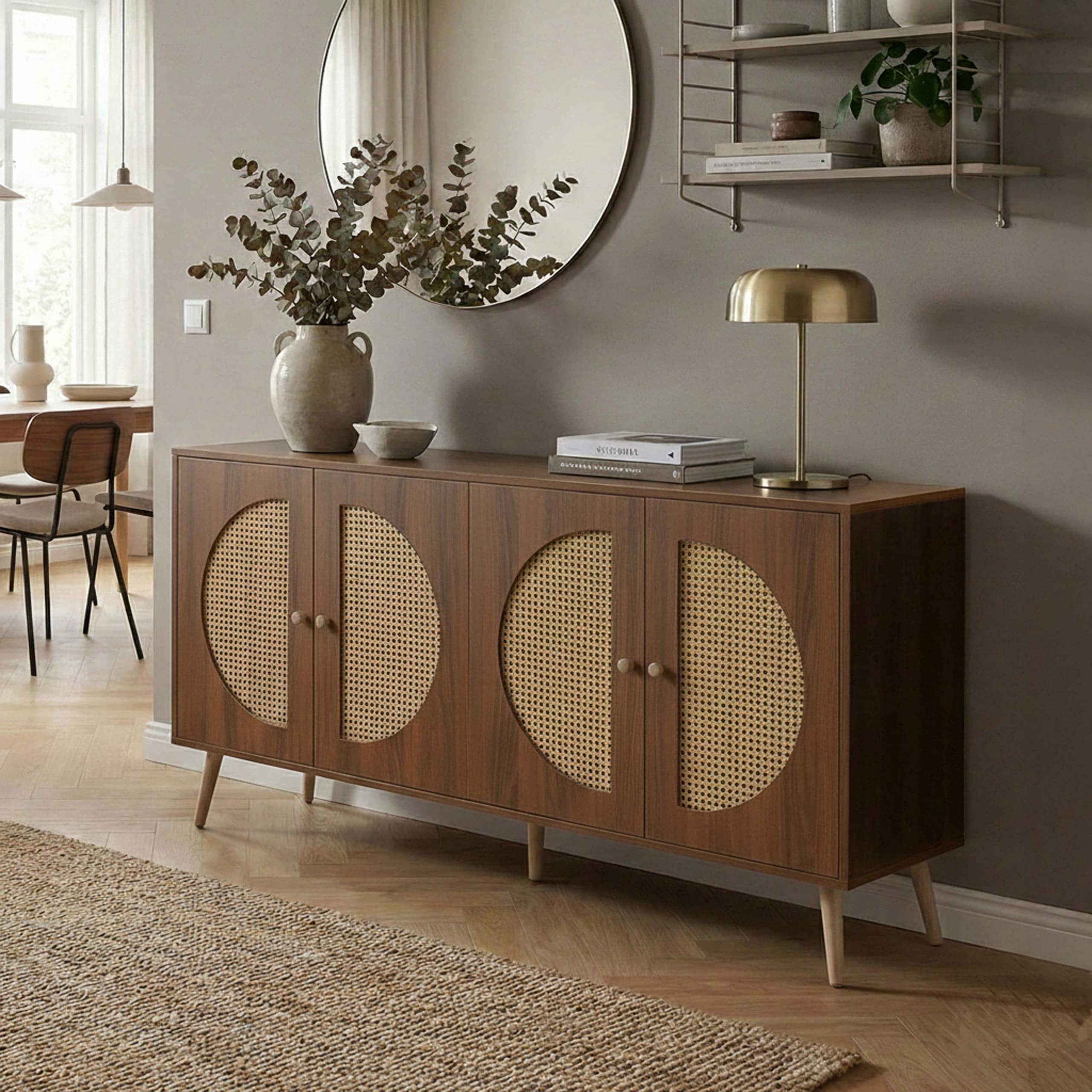 Sideboard MCW-P49, Schrank Kommode mit T&uuml;ren Anrichte Stauf&auml;cher, Poly-Rattanfront MDF Melamin 80x160x40cm ~ braun - Bild 1