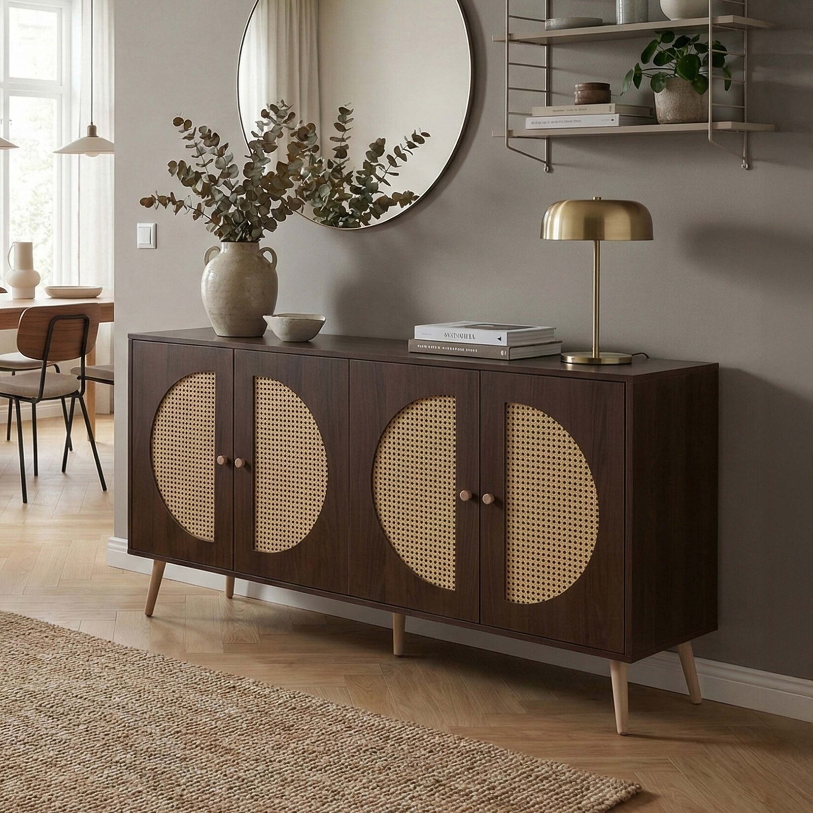 Sideboard MCW-P49, Schrank Kommode mit Türen Anrichte Staufächer, Poly-Rattan MDF Melamin 80x160x40cm ~ Walnuss-Optik