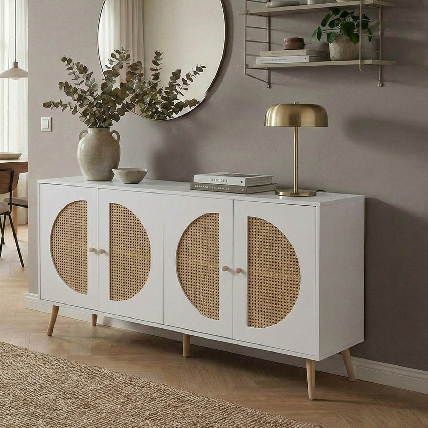 Sideboard MCW-P49, Schrank Kommode mit Türen Anrichte Staufächer, Poly-Rattan MDF Melamin 80x160x40cm ~ weiß