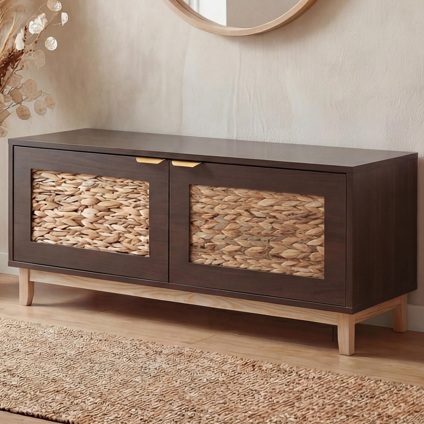 Sitzbank MCW-P54, Garderoben-Bank Schuhregal Schuhablage, MDF Melamin Wasserhyazinthefront 45x100x42cm ~ Walnuss-Optik