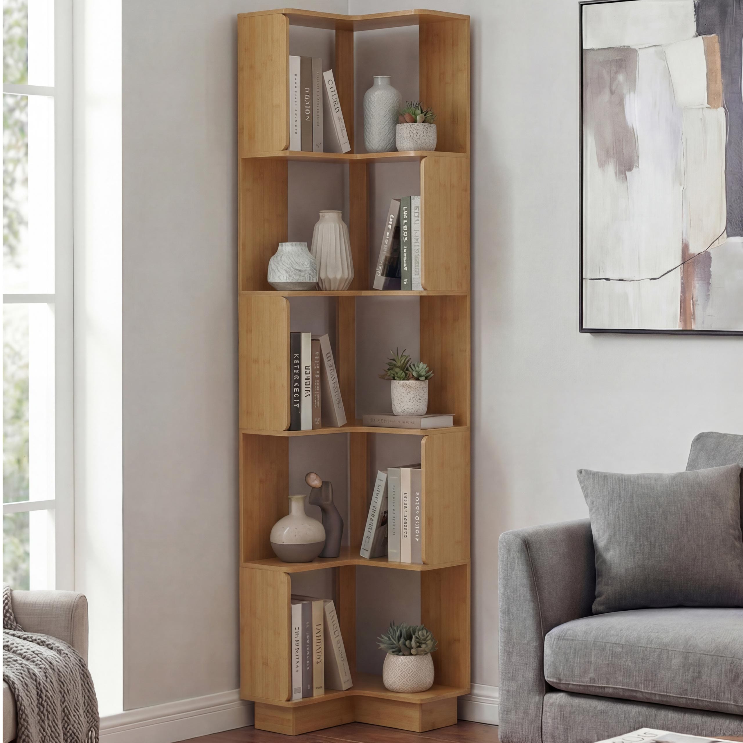 Eck-B&uuml;cherregal MCW-P53, Eckregal Standregal Wohnregal, 5 Ebenen MDF Melamin 175x40x40cm ~ Bambus-Optik - Bild 1