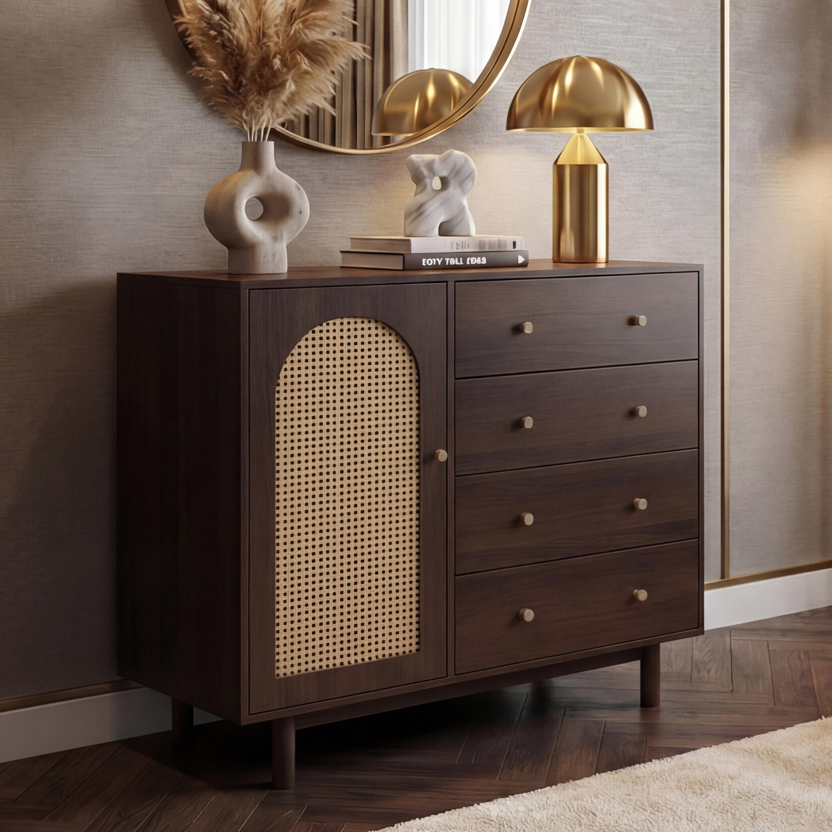 Kommode MCW-P52, Schrank Sideboard Highboard, Schubladen Staufächer, Poly-Rattan MDF Melamin 95x100x40cm ~ Walnuss-Optik