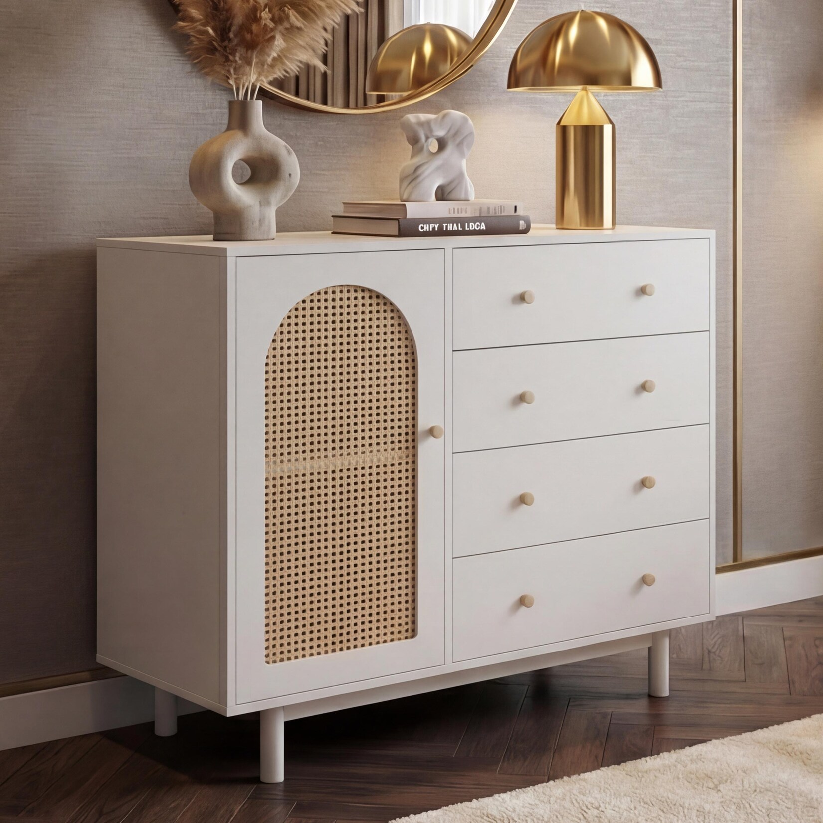 Kommode MCW-P52, Schrank Sideboard Highboard, Schubladen Staufächer, Poly-Rattan MDF Melamin 95x100x40cm ~ weiß