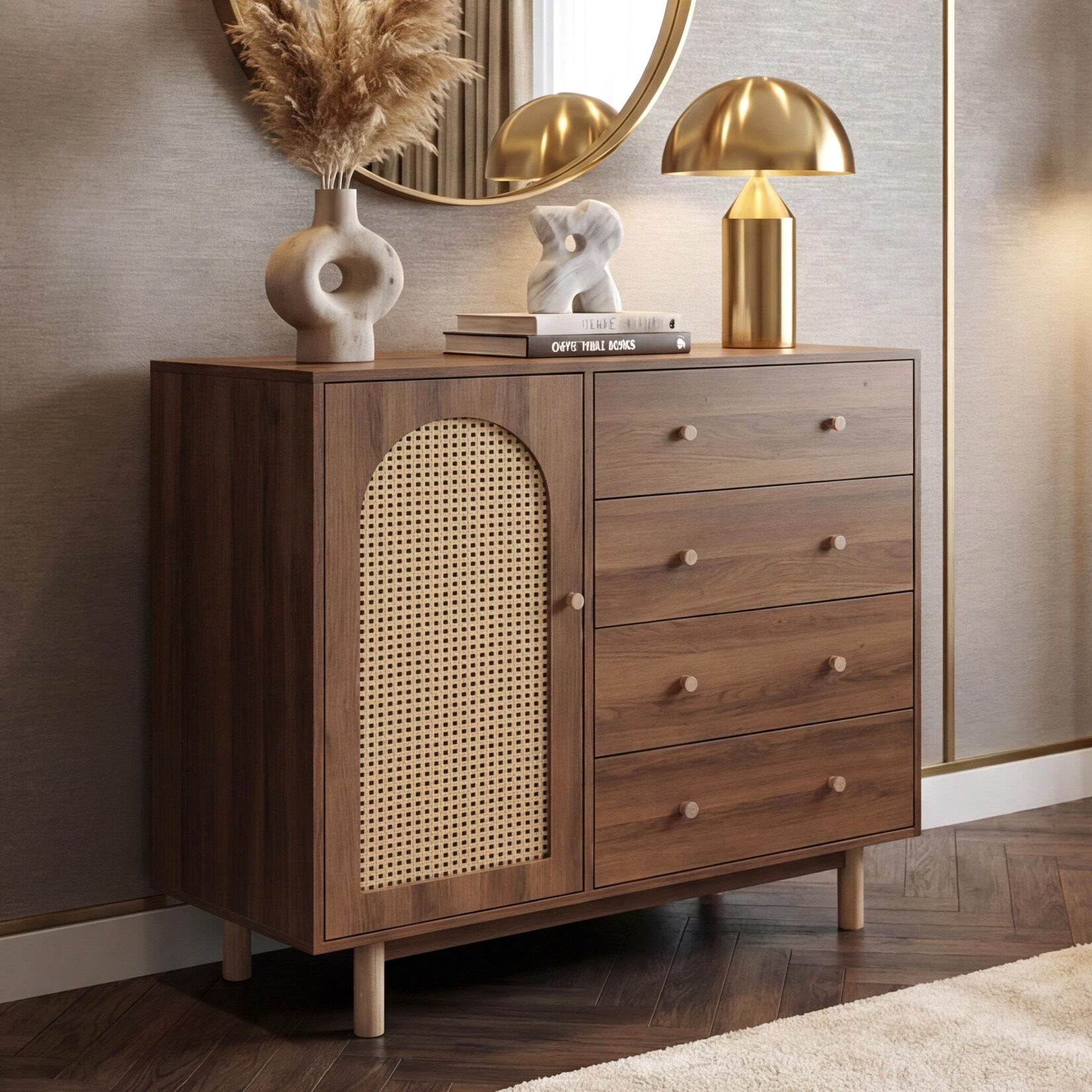 Kommode MCW-P52, Schrank Sideboard Highboard, Schubladen Staufächer, Poly-Rattan MDF Melamin 95x100x40cm ~ braun