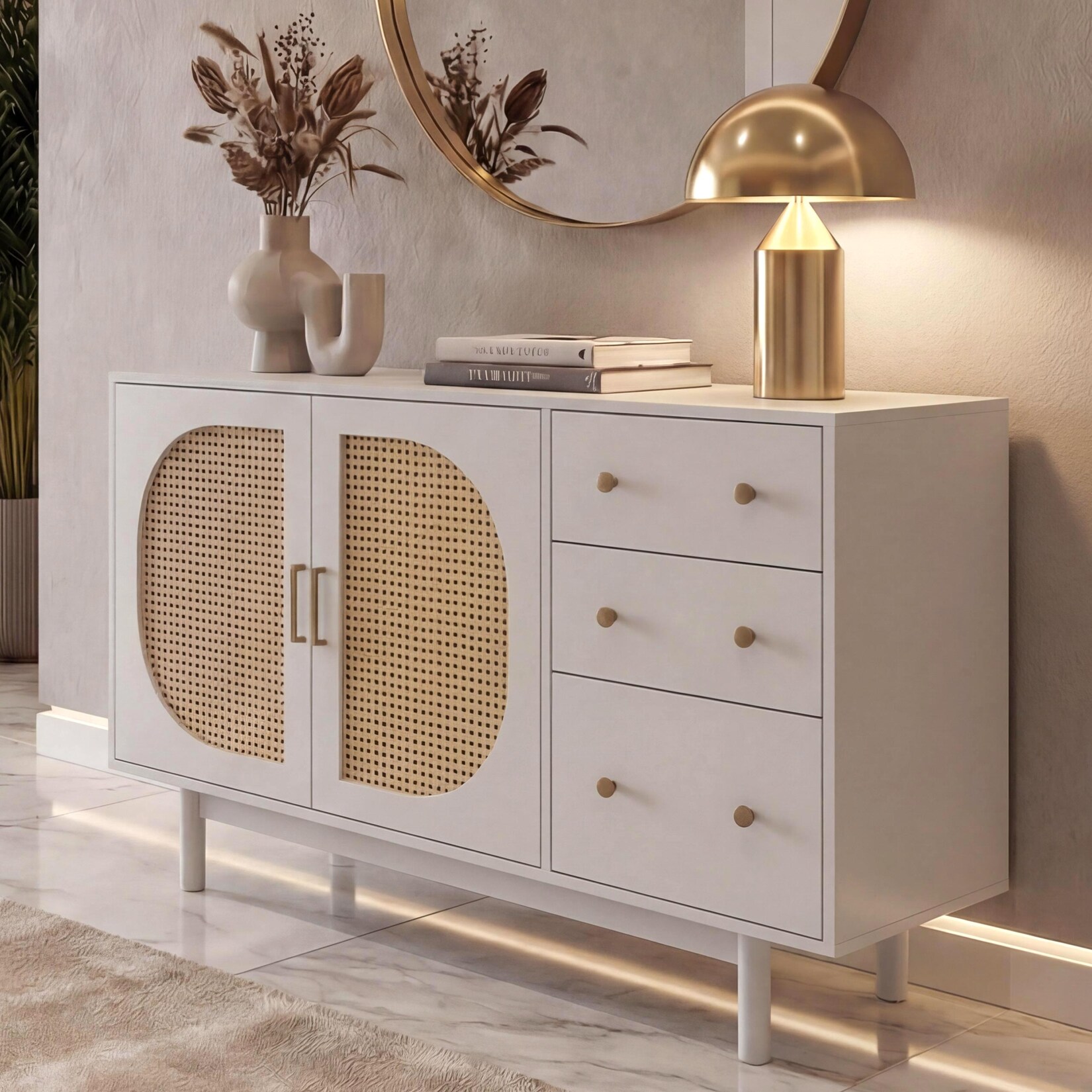 Sideboard MCW-P52, Schrank Kommode Highboard, Schubladen Staufächer, Poly-Rattan MDF Melamin 80x120x40cm ~ weiß