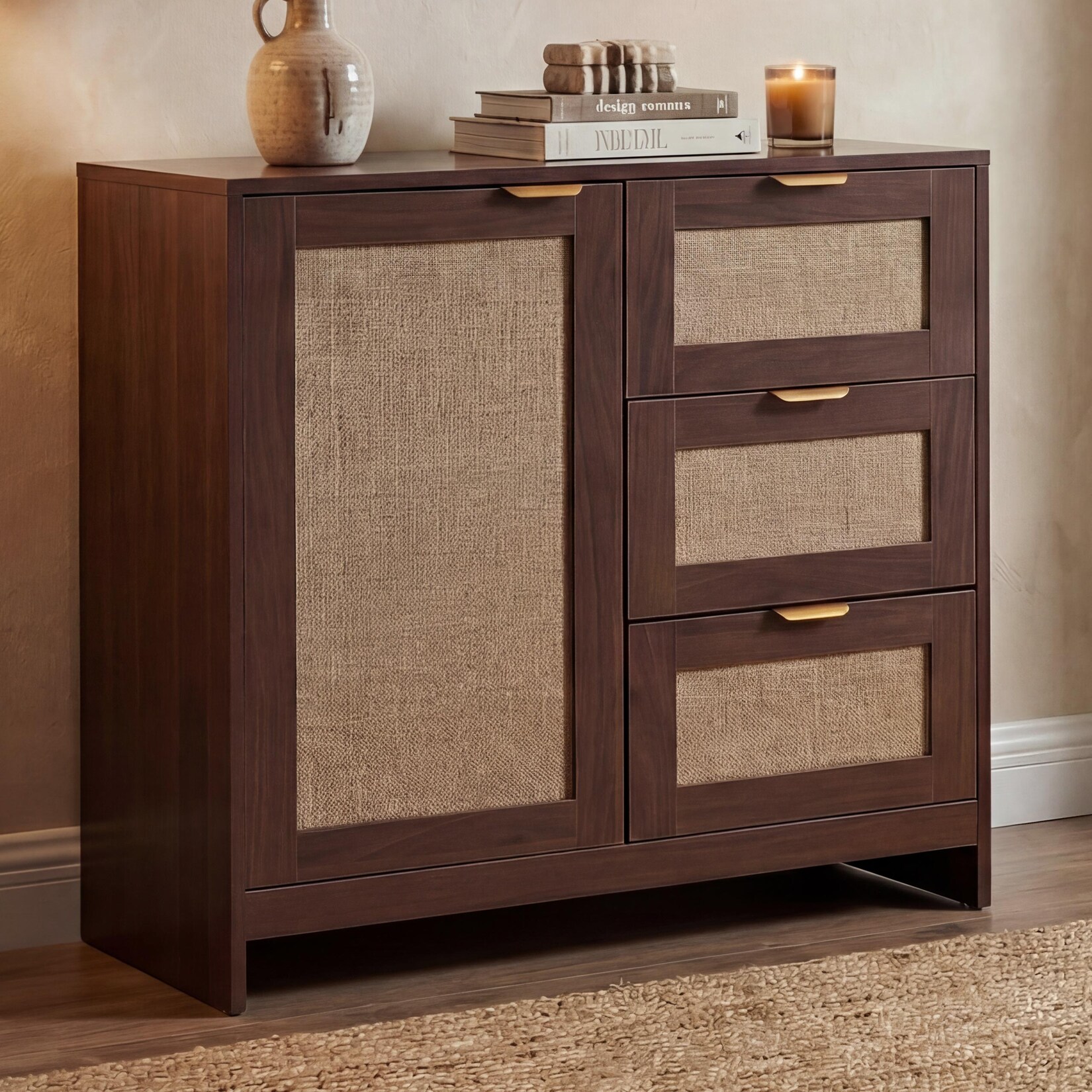 Kommode MCW-P50, Schrank Sideboard Highboard, Schubladen Staufach, MDF Melamin Leinenfront ~ Walnuss-Optik