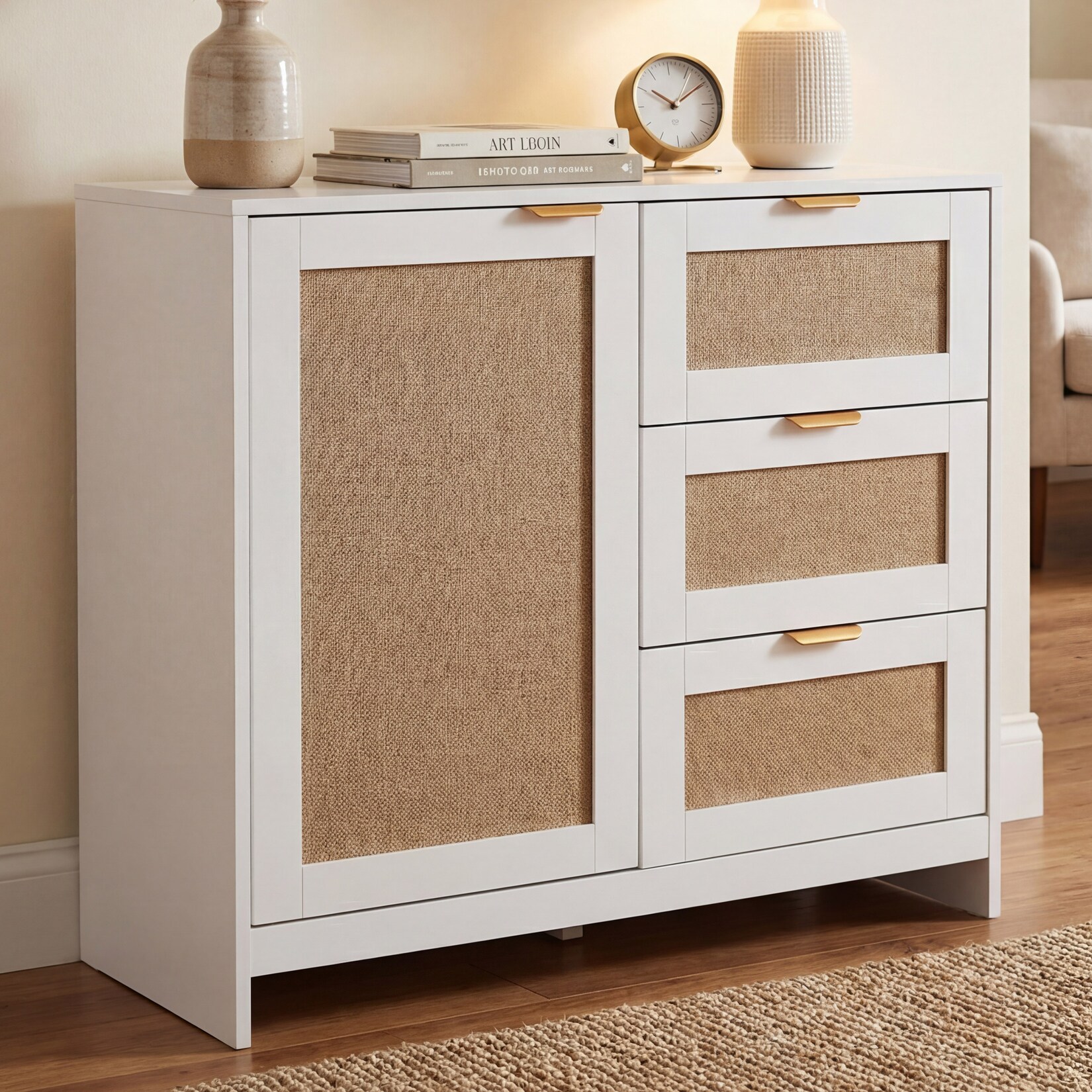 Kommode MCW-P50, Schrank Sideboard Highboard, Schubladen Staufach, MDF Melamin Leinenfront ~ weiß