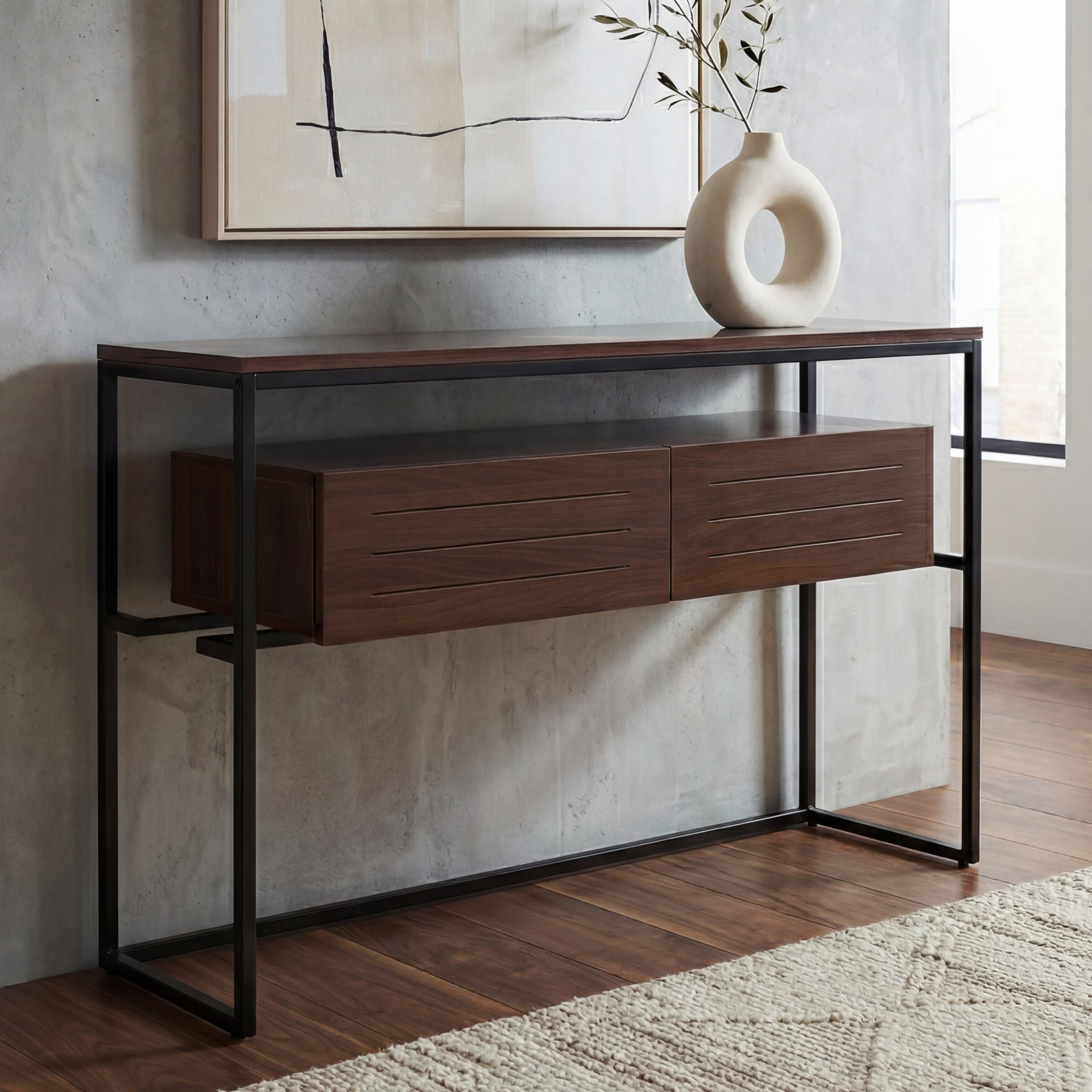 Konsolentisch MCW-P46, Telefontisch Beistelltisch Ablagetisch, Schublade Metall MDF Melamin 80x120x40cm ~ Walnuss-Optik - Bild 1