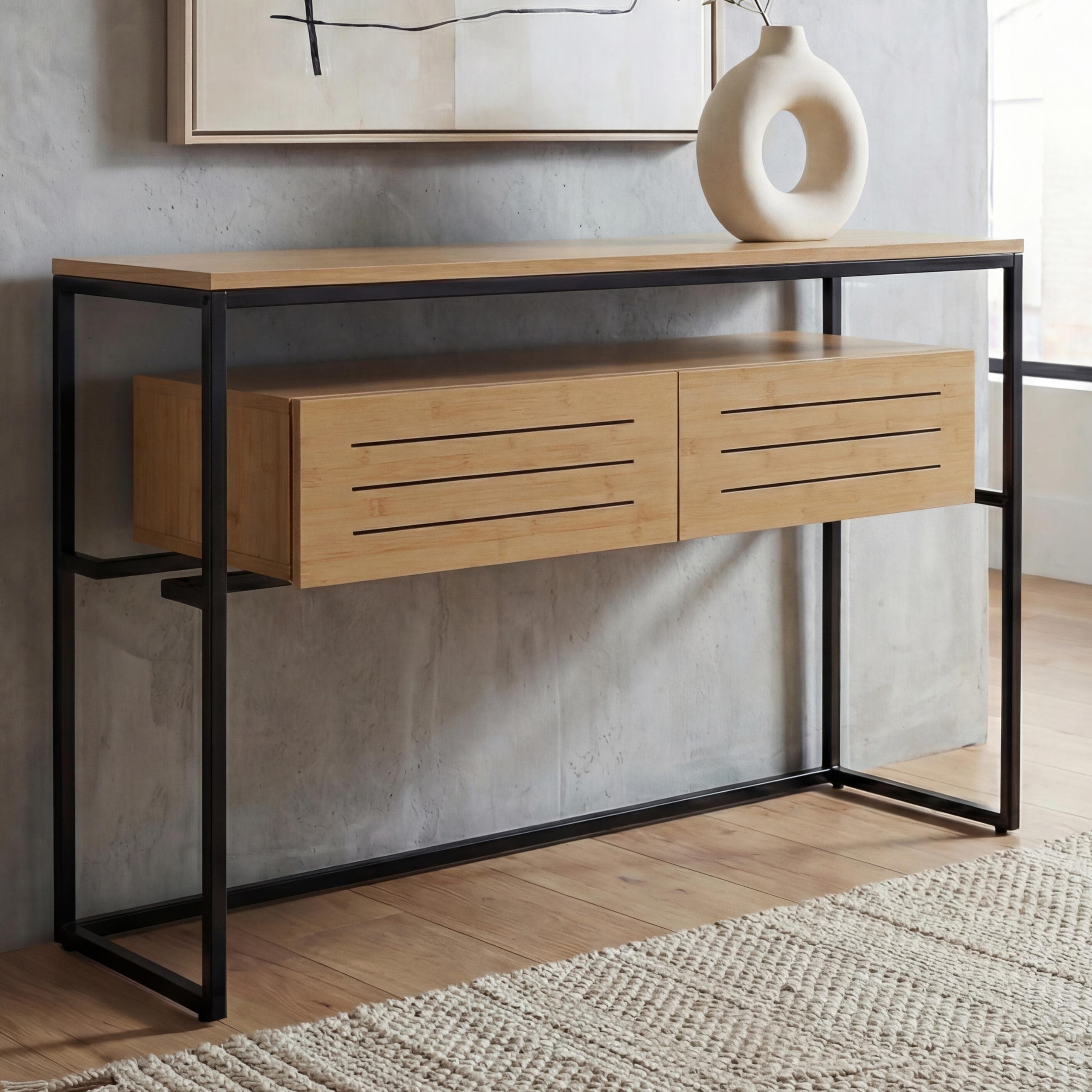 Konsolentisch MCW-P46, Telefontisch Beistelltisch Ablagetisch, Schublade Metall MDF Melamin 80x120x40cm ~ Bambus-Optik - Bild 1