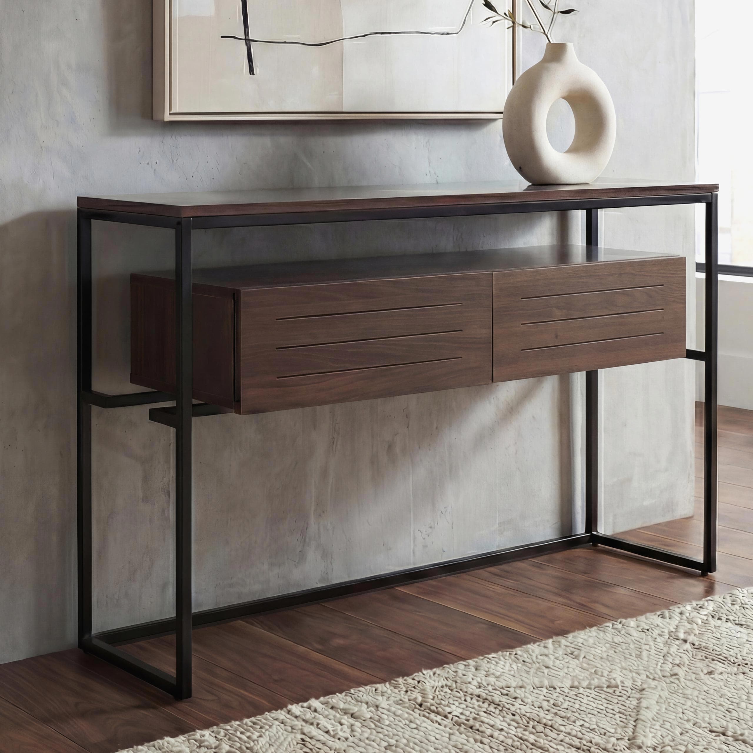 Konsolentisch MCW-P46, Telefontisch Beistelltisch Ablagetisch, Schublade Metall MDF Melamin 80x120x40cm ~ braun - Bild 1