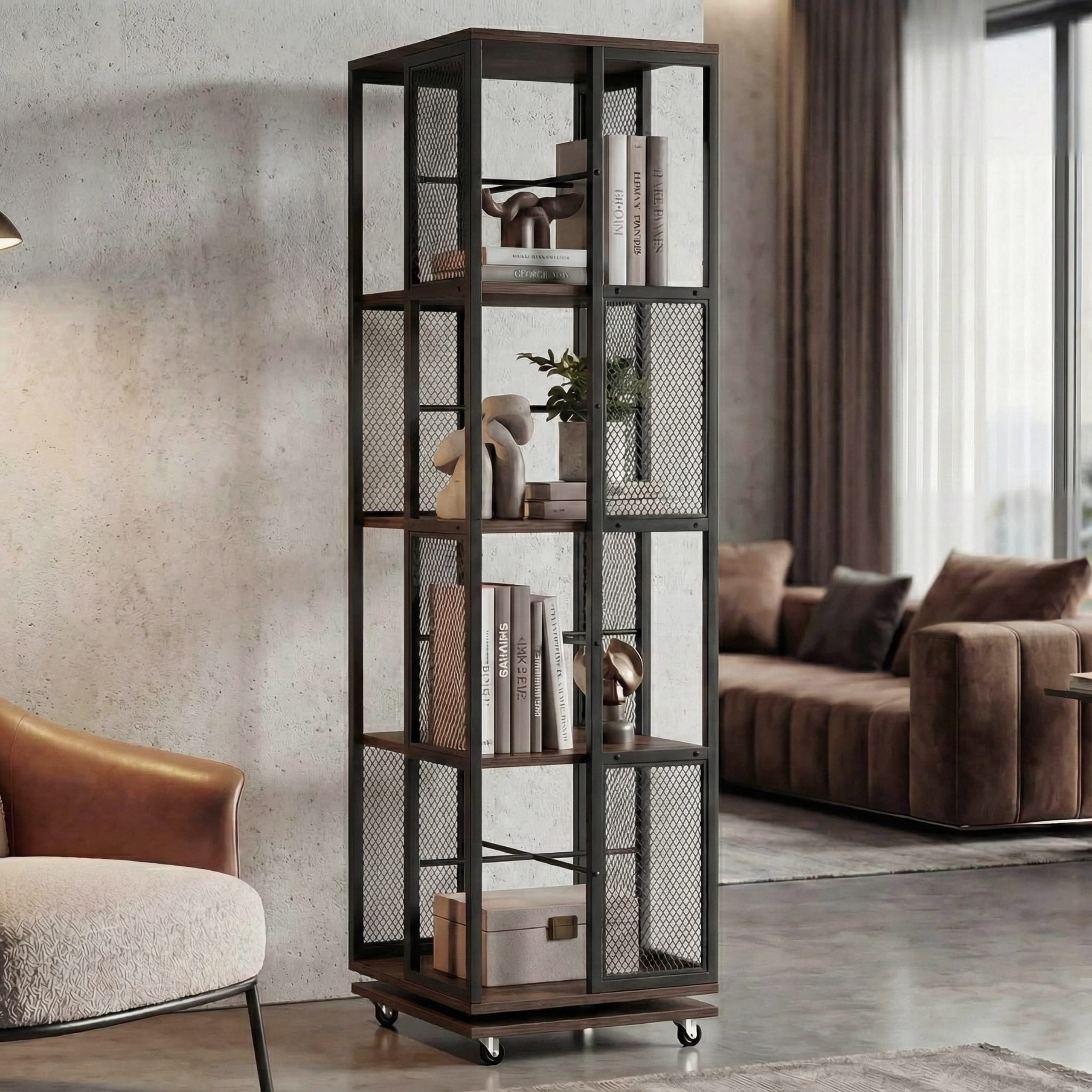 B&uuml;cherregal MCW-P13, Standregal Drehregal, Rollen drehbar, Metall Industrial Melamin MVG 147x40x40cm ~ dunkelbraun - Bild 1