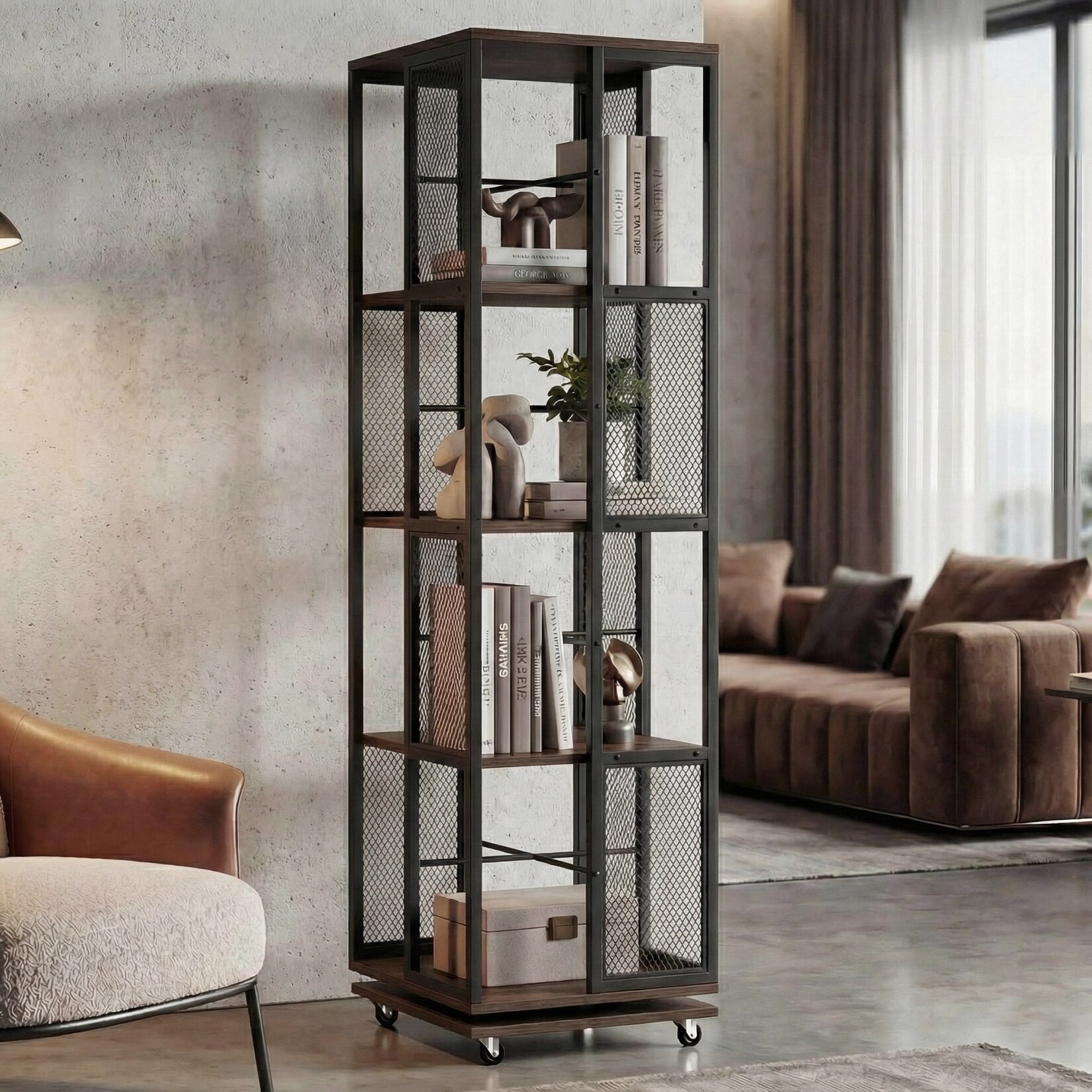 Bücherregal MCW-P13, Standregal Drehregal, Rollen drehbar, Metall Industrial Melamin MVG 147x40x40cm ~ dunkelbraun