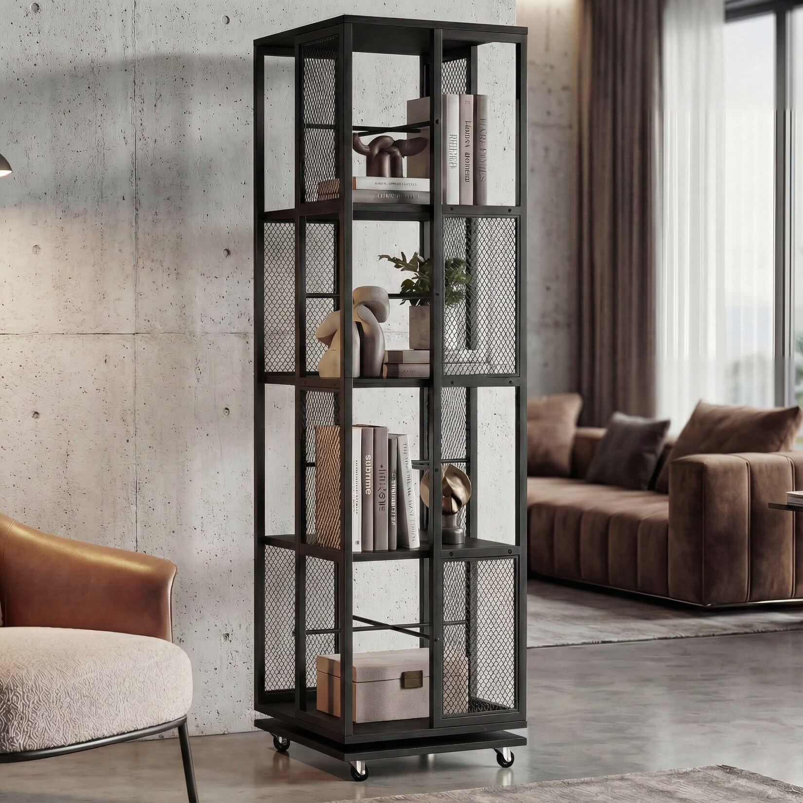 Bücherregal MCW-P13, Standregal Drehregal, Rollen drehbar, Metall Industrial Melamin MVG 147x40x40cm ~ schwarz