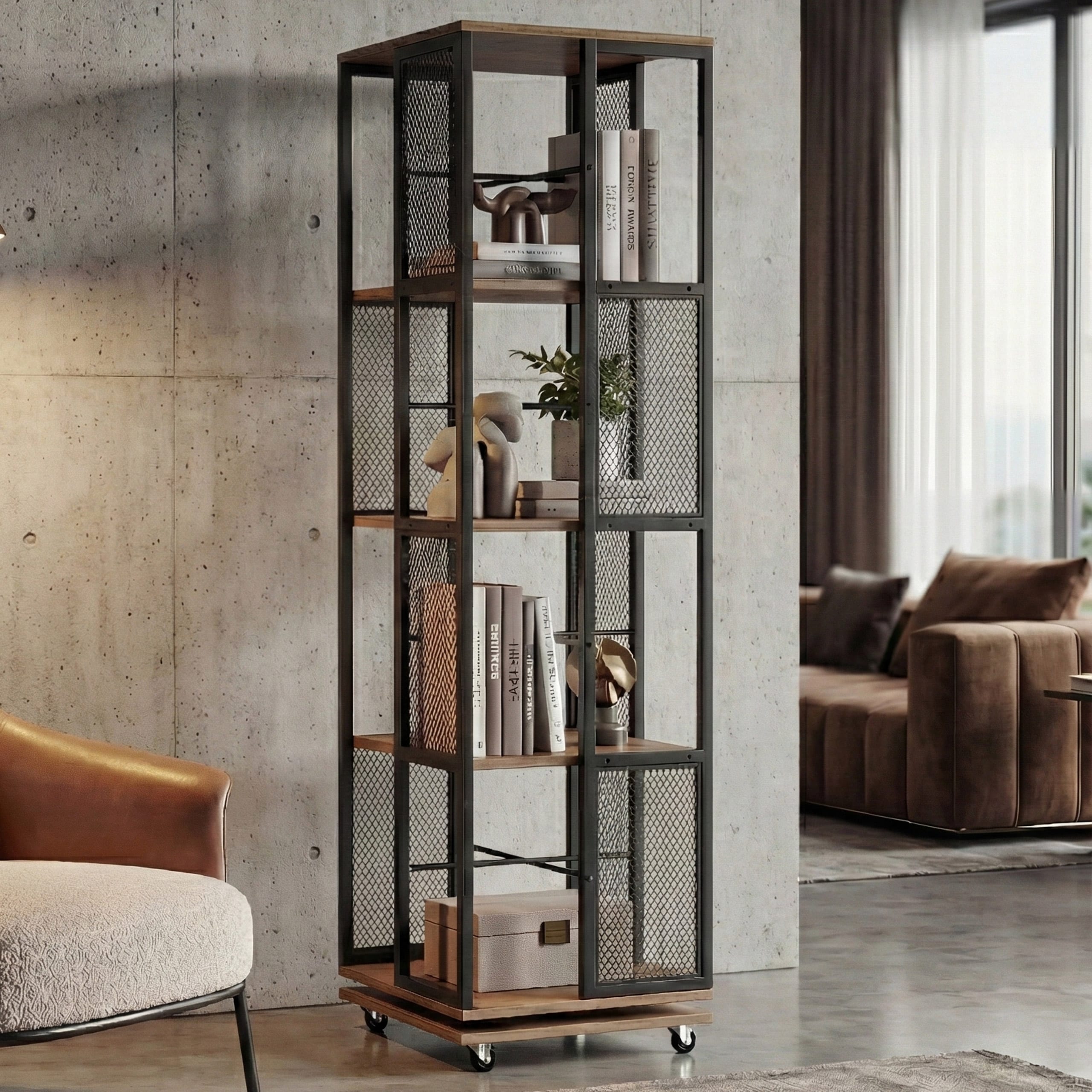 B&uuml;cherregal MCW-P13, Standregal Drehregal, Rollen drehbar, Metall Industrial Melamin MVG 147x40x40cm ~ braun - Bild 1