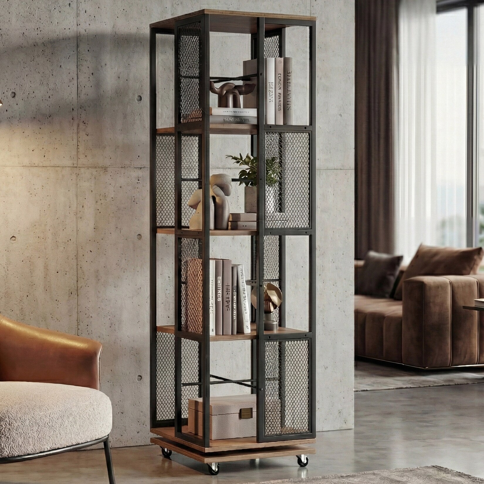 Bücherregal MCW-P13, Standregal Drehregal, Rollen drehbar, Metall Industrial Melamin MVG 147x40x40cm ~ braun