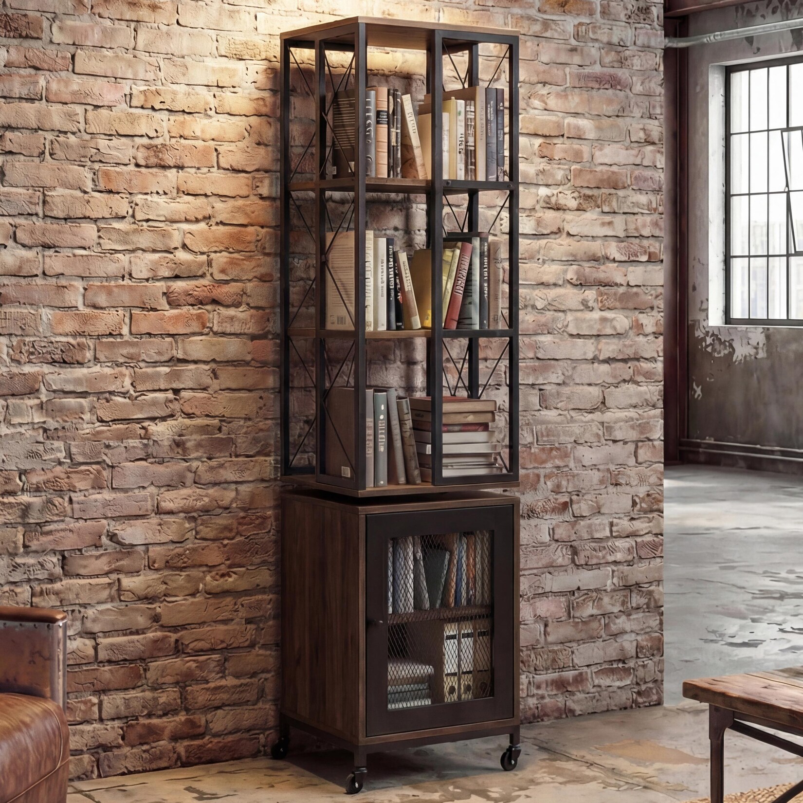 Bücherregal MCW-P13, Standregal Drehregal, Rollen drehbar Tür, Metall Industrial Melamin MVG 162x40x42cm ~ dunkelbraun