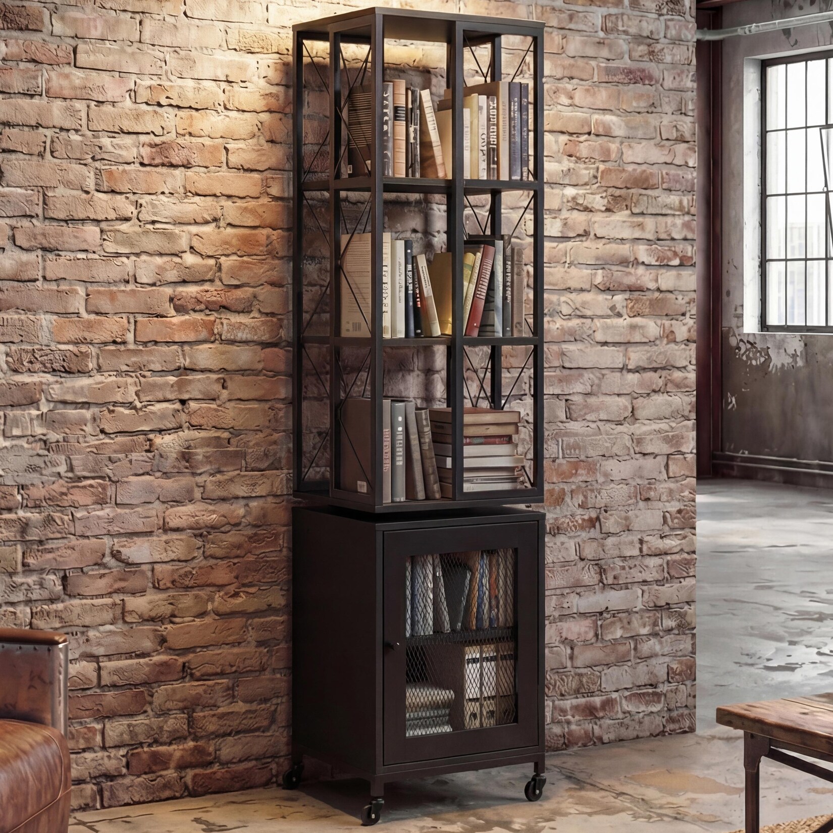 Bücherregal MCW-P13, Standregal Drehregal, Rollen drehbar Tür, Metall Industrial Melamin MVG 162x40x42cm ~ schwarz