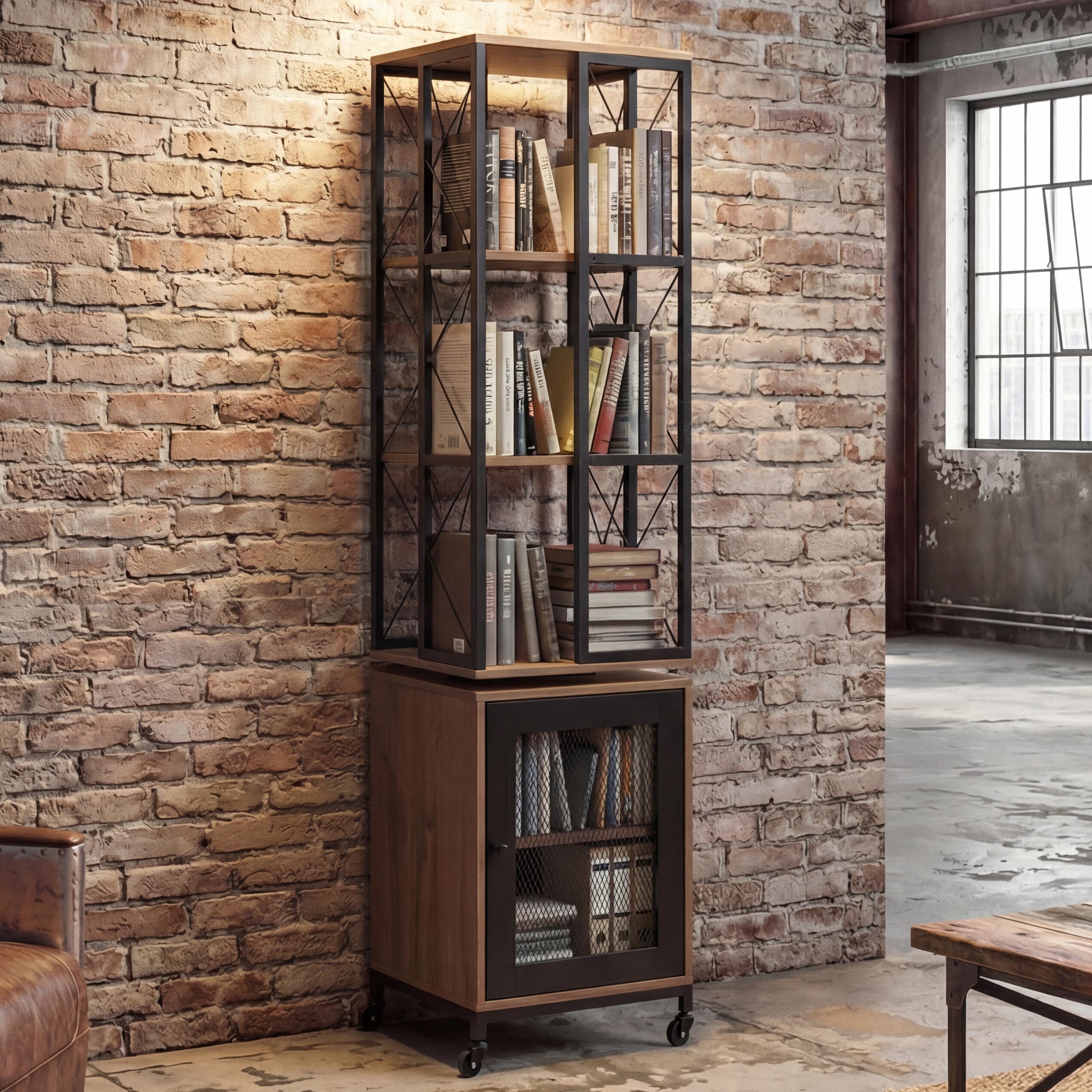 B&uuml;cherregal MCW-P13, Standregal Drehregal, Rollen drehbar T&uuml;r, Metall Industrial Melamin MVG 162x40x42cm ~ braun - Bild 1