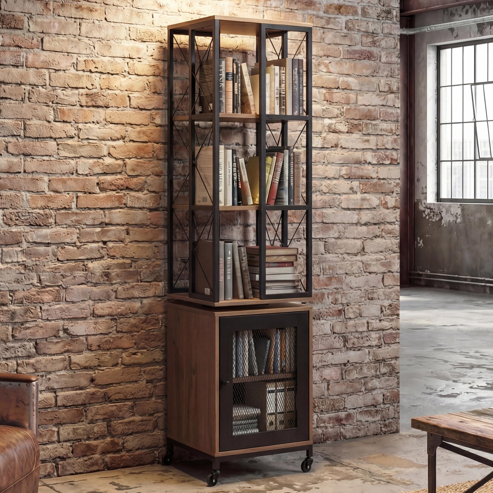 Bücherregal MCW-P13, Standregal Drehregal, Rollen drehbar Tür, Metall Industrial Melamin MVG 162x40x42cm ~ braun