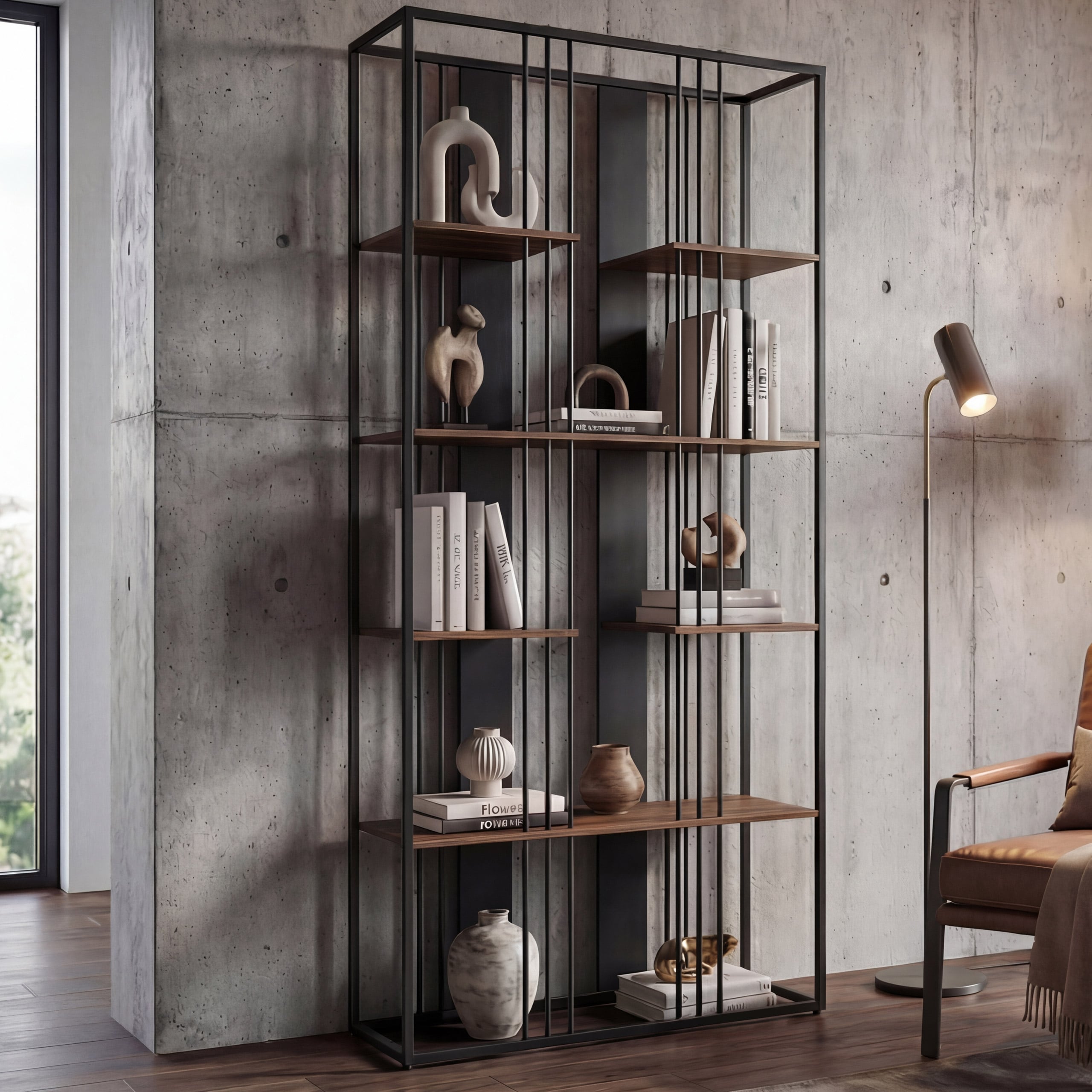 Regal MCW-P12, B&uuml;cherschrank Hochschrank, Industrial Metall Melamin MVG-zertifiziert 180x80x31cm ~ schwarz, dunkelbraun - Bild 1