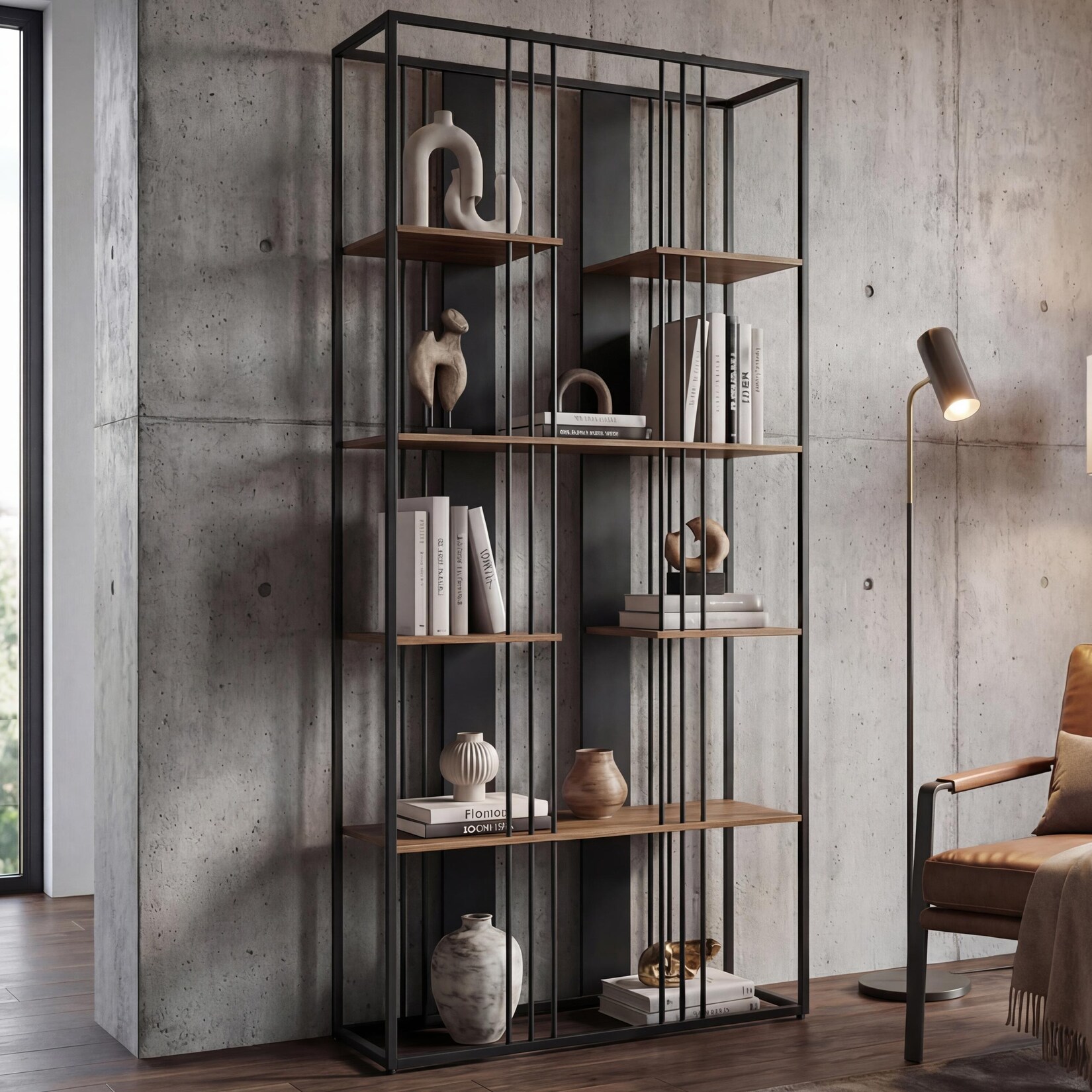 Regal MCW-P12, Bücherschrank Hochschrank, Industrial Metall Melamin MVG-zertifiziert 180x80x31cm ~ schwarz, braun