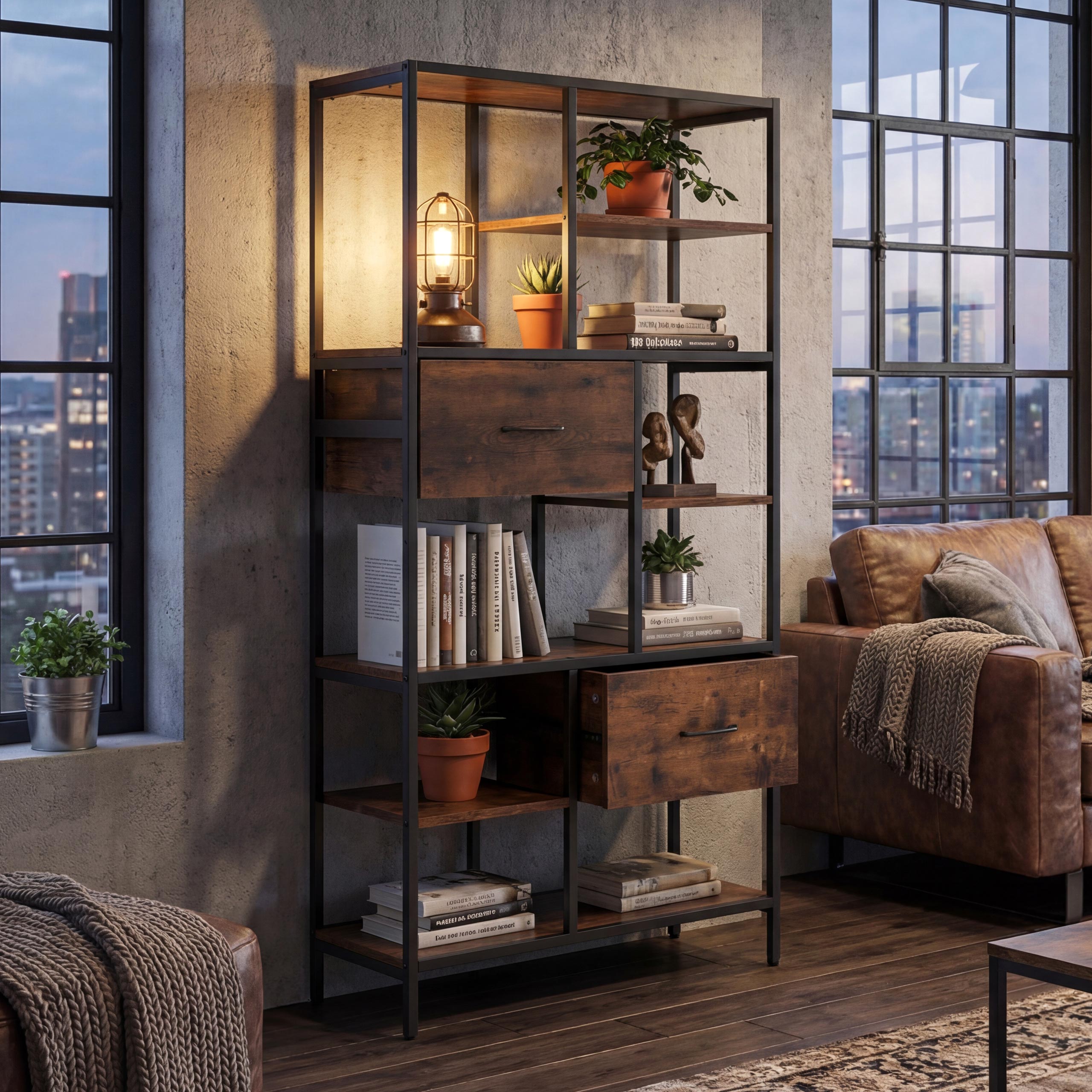 Regal MCW-P11, Regalschrank B&uuml;cherregal Standregal, Schubladen Industrial MDF Metall Melamin 150x81x33cm ~ dunkelbraun - Bild 1