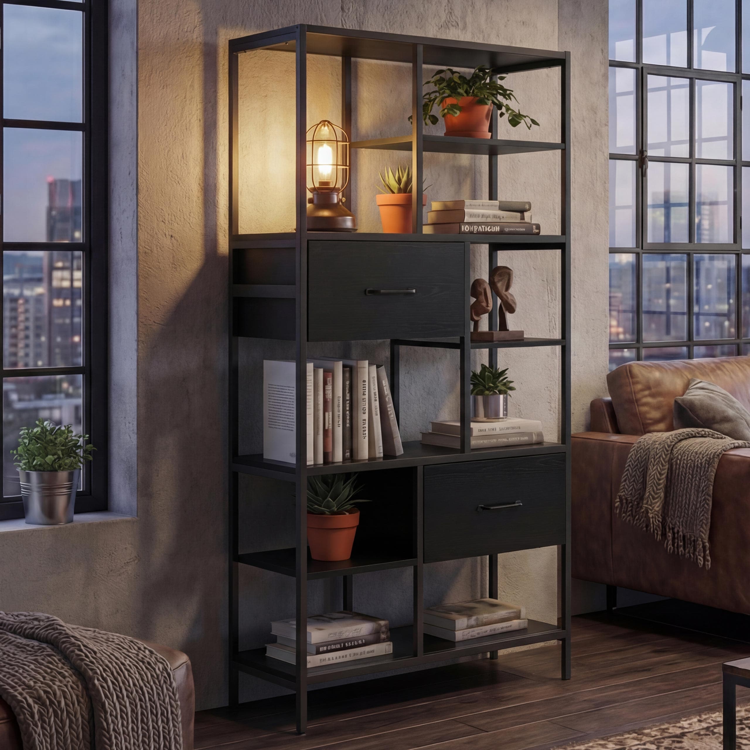 Regal MCW-P11, Regalschrank B&uuml;cherregal Standregal, Schubladen Industrial MDF Metall Melamin 150x81x33cm ~ schwarz - Bild 1