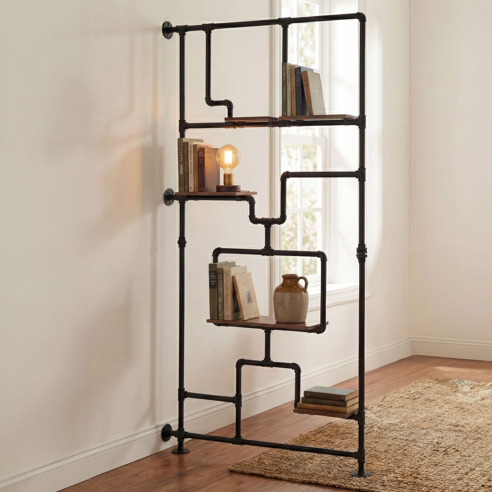 Raumteiler mit Regal MCW-P10, Wohnregal Ablageregal, Industrial Metall Melamin MVG 203x100x20cm ~ braun