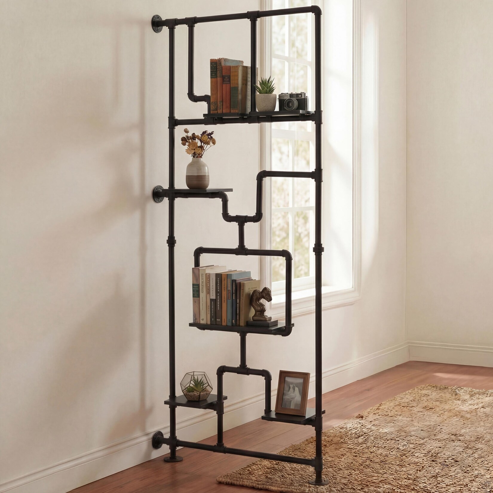Raumteiler mit Regal MCW-P10, Wohnregal Ablageregal, Industrial Metall Melamin MVG 203x80x20cm ~ schwarz
