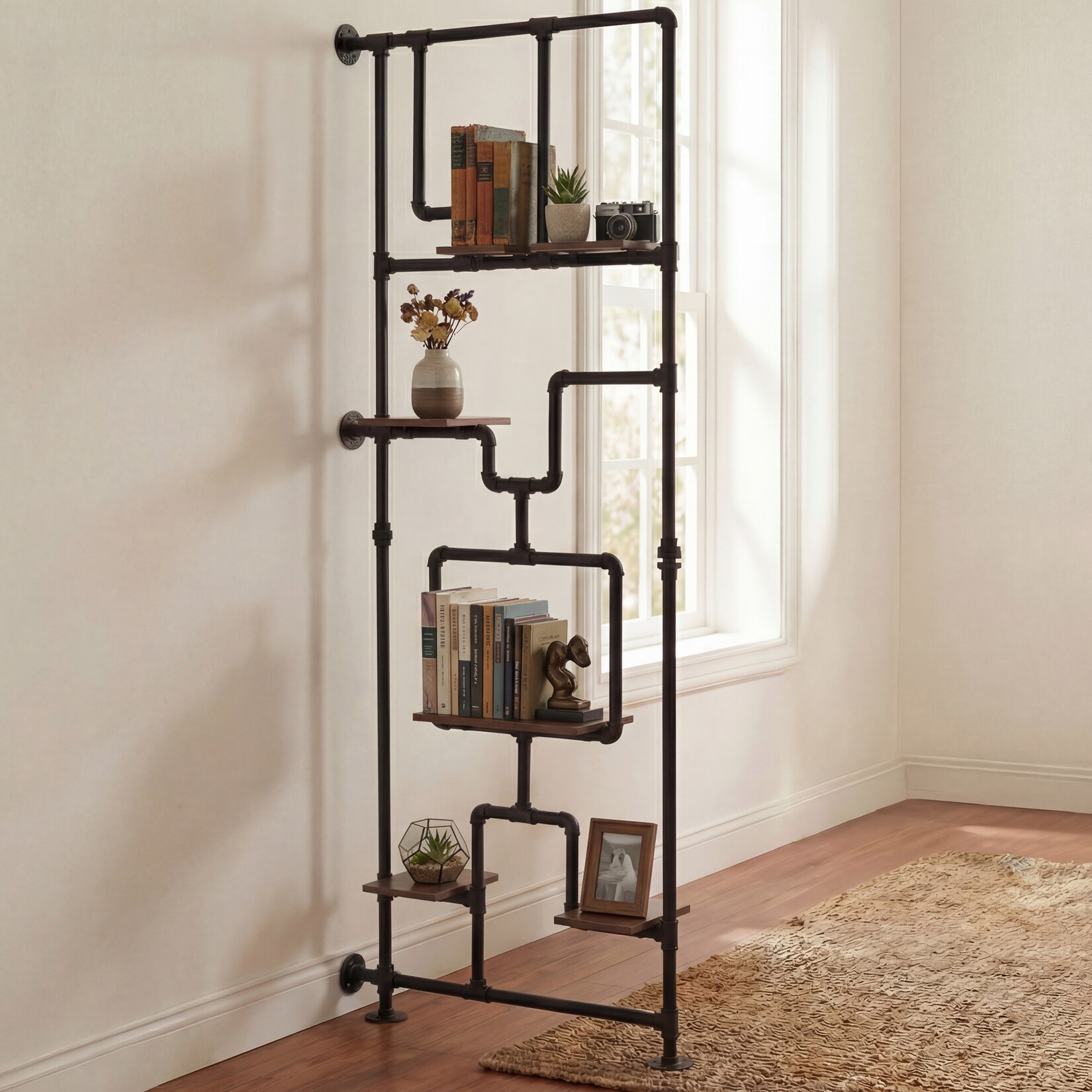 Raumteiler mit Regal MCW-P10, Wohnregal Ablageregal, Industrial Metall Melamin MVG 203x80x20cm ~ braun