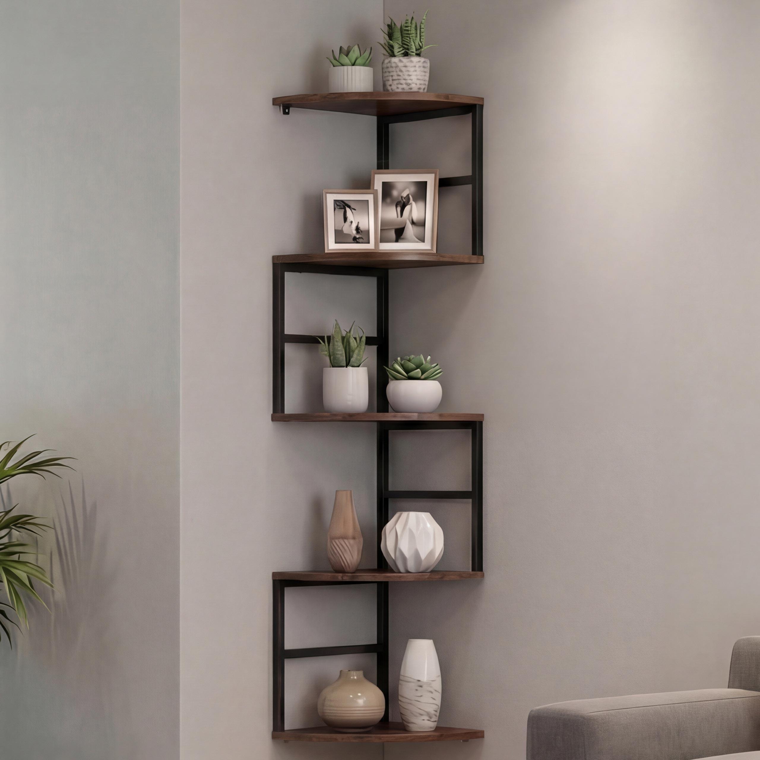 Eckregal MCW-O99, H&auml;ngeregal Wandregal Winkelregal, 5 Ebenen Industrial Metall Melamin MVG 128x30x30cm ~ dunkelbraun - Bild 1