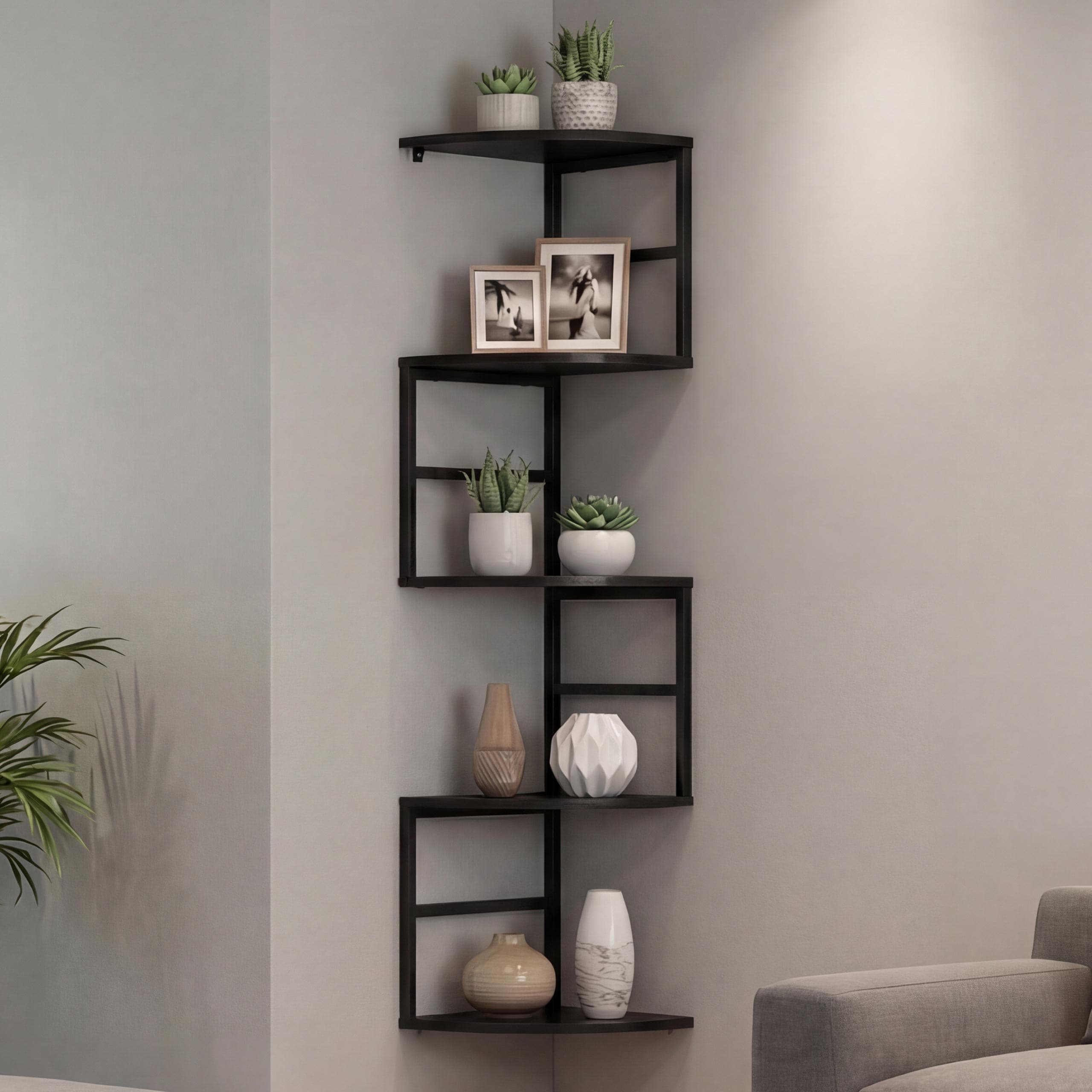 Eckregal MCW-O99, H&auml;ngeregal Wandregal Winkelregal, 5 Ebenen Industrial Metall Melamin MVG 128x30x30cm ~ schwarz - Bild 1