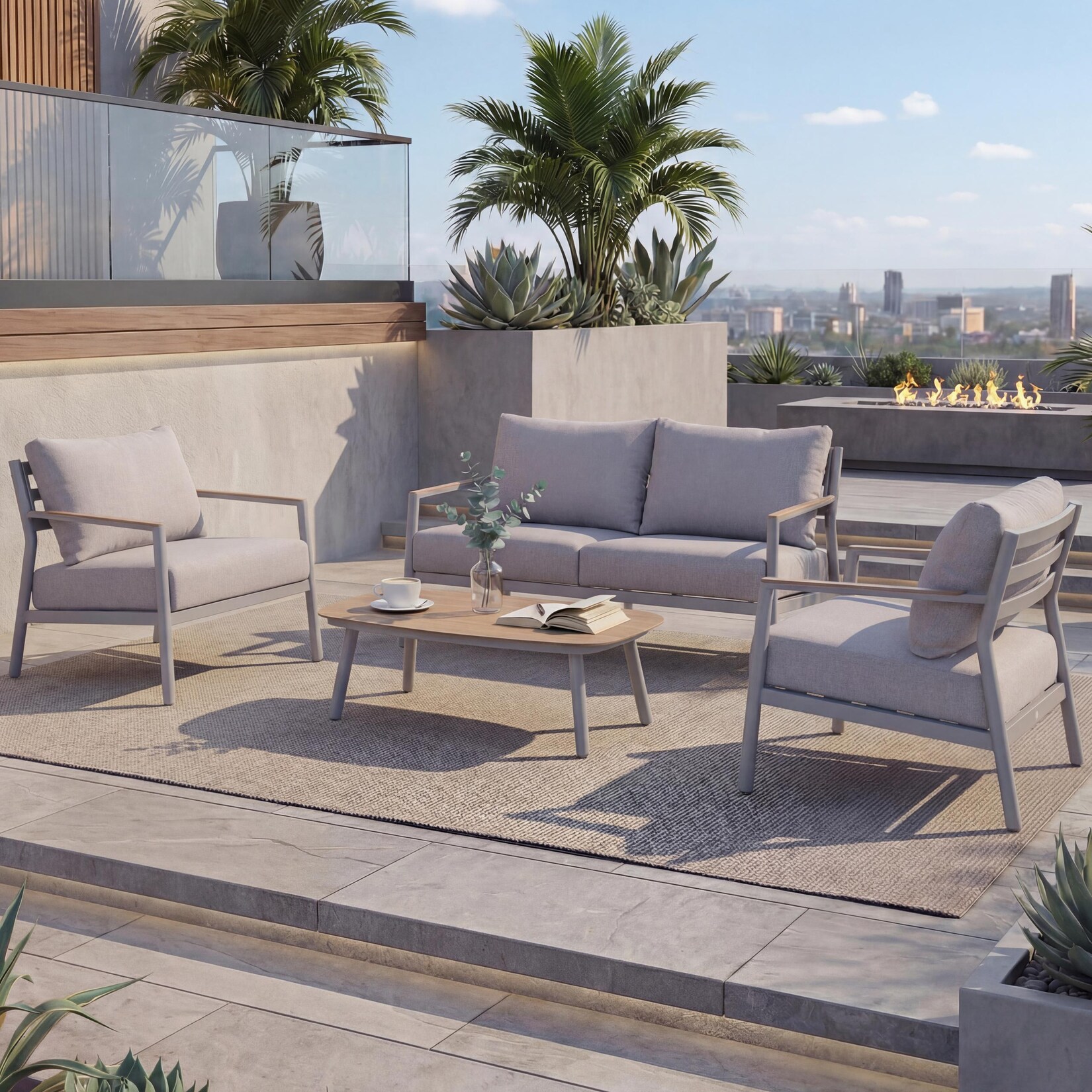 Aluminium Gartengarnitur MCW-P79, Lounge-Set Sitzgruppe Sofa Gartenlounge, Stoff/Textil Olefin 210g/m² ~ creme-beige