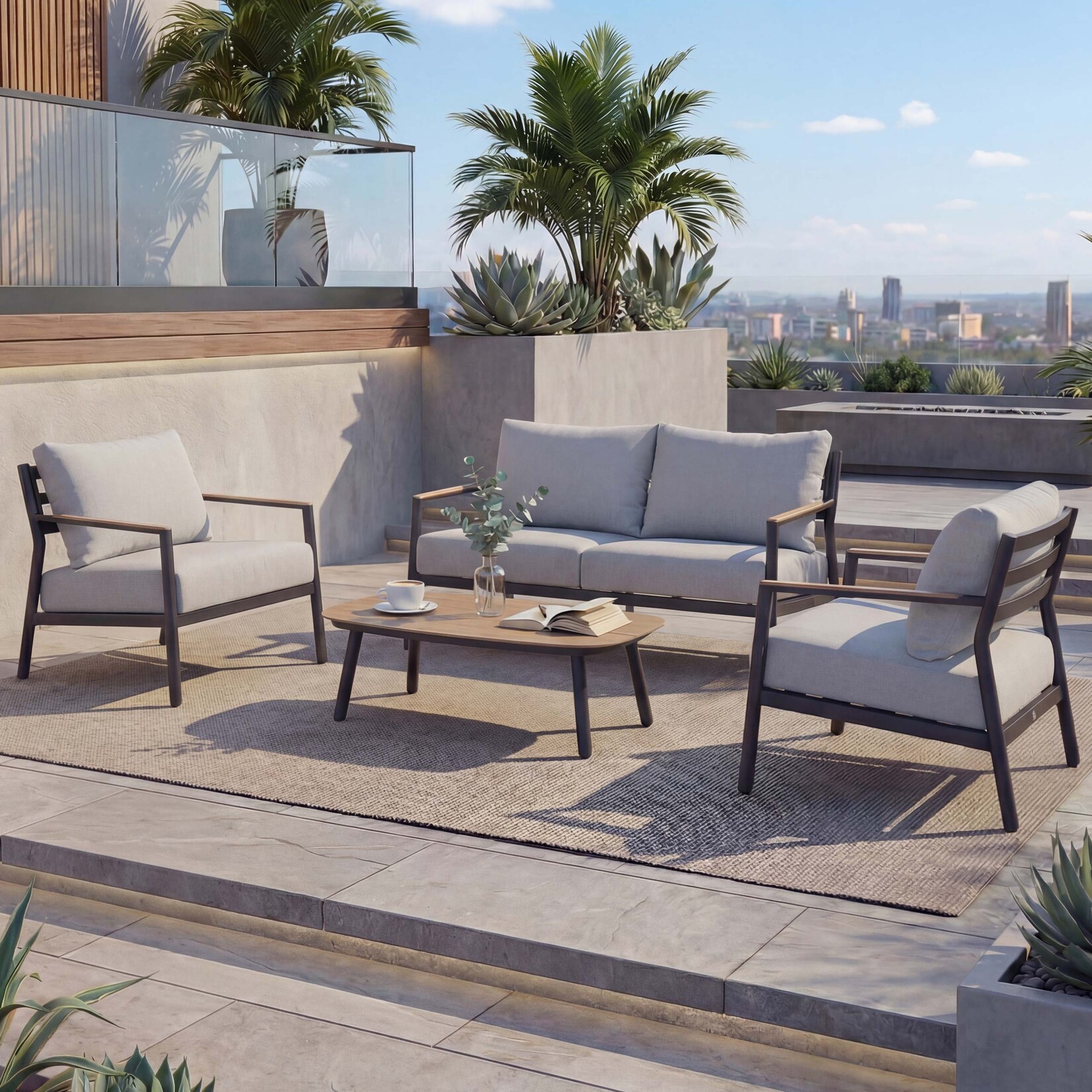 Aluminium Gartengarnitur MCW-P79, Lounge-Set Sitzgruppe Sofa Gartenlounge, Stoff/Textil Olefin 210g/m² ~ hellgrau