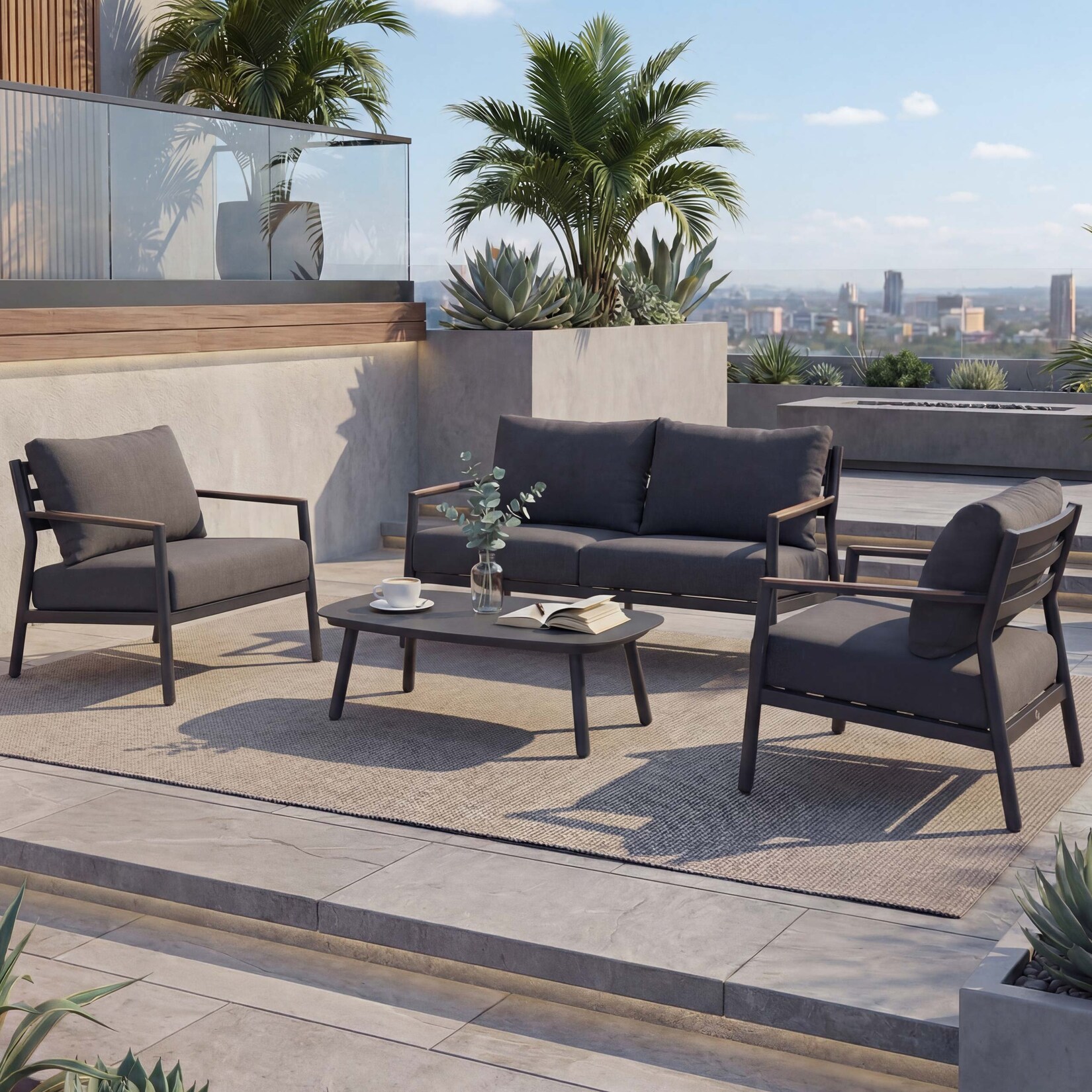 Aluminium Gartengarnitur MCW-P79, Lounge-Set Sitzgruppe Sofa Gartenlounge, Stoff/Textil Olefin 210g/m² ~ dunkelgrau