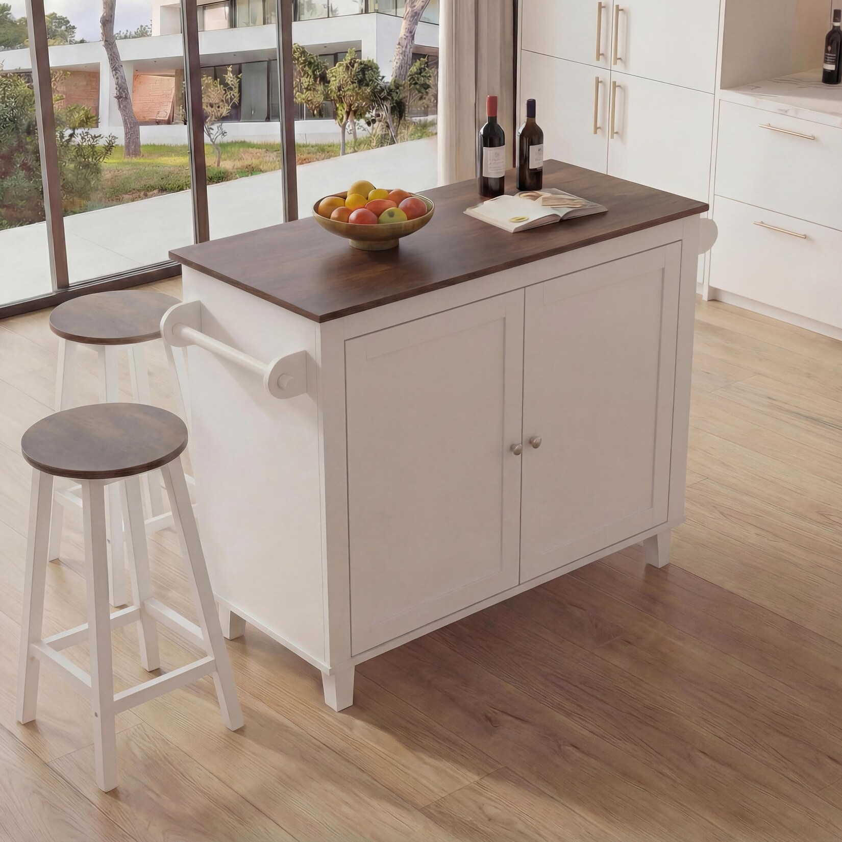Kücheninsel MCW-P61 mit 2 Sitzhockern, Küchenschrank Staufächer MDF 90x120x45cm ~ weiß, dunkles Holz