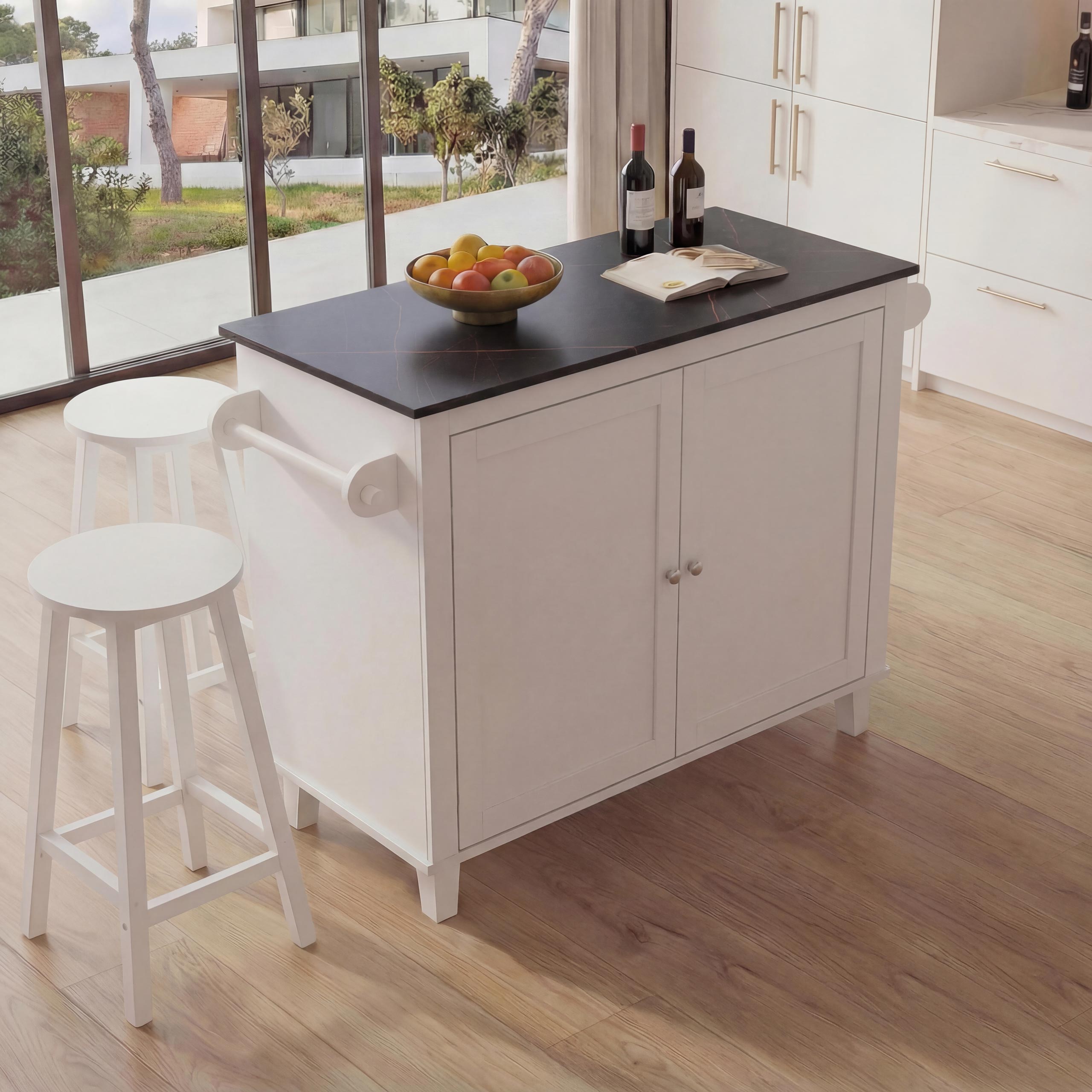 K&uuml;cheninsel MCW-P61 mit 2 Sitzhockern, K&uuml;chenschrank Schublade Stauf&auml;cher MDF 90x120x45cm ~ wei&szlig;, Marmor-Optik schwarz - Bild 1